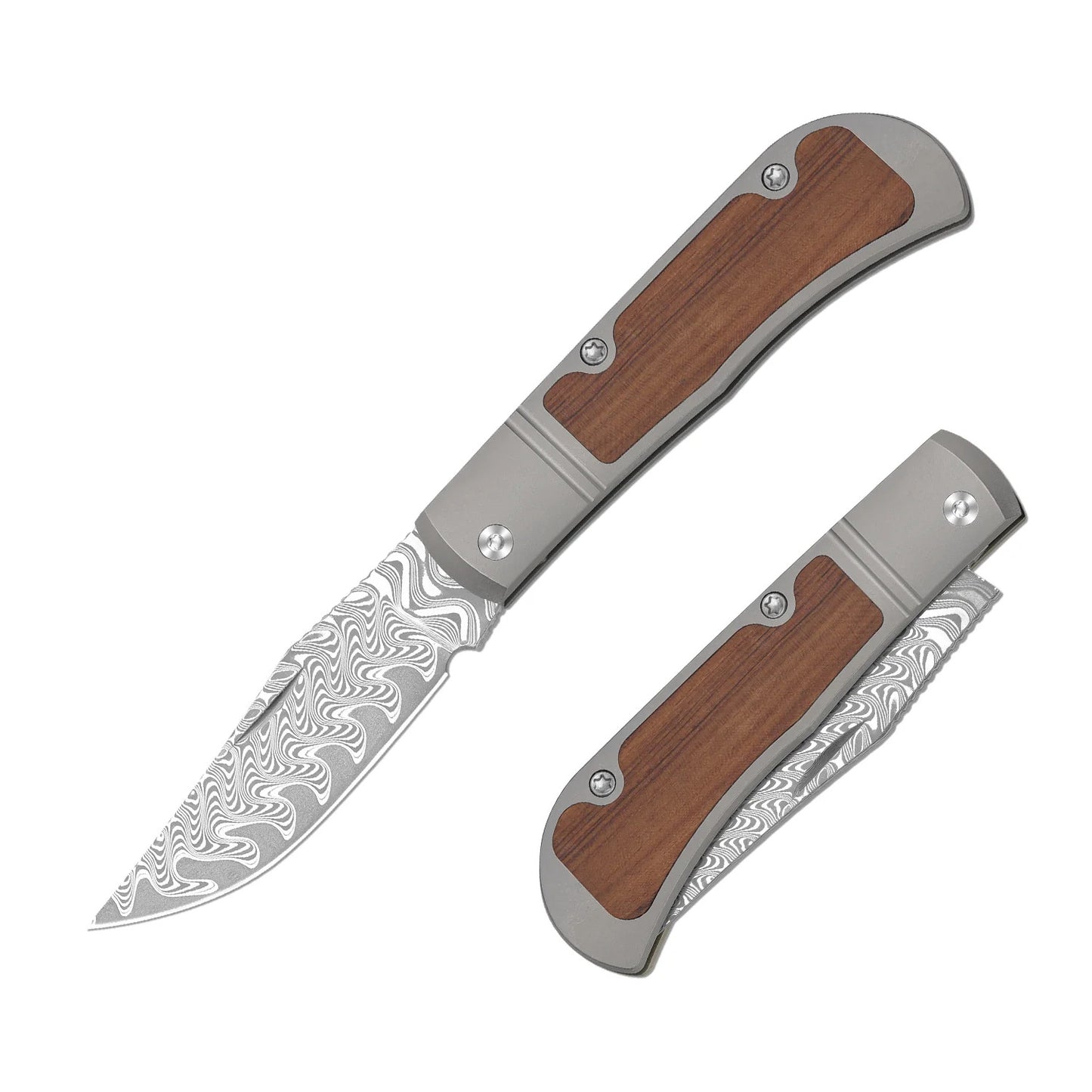 Kizer Trestle 2.9" Damascus Mkuruti Wood Titanium Folding Knife V3761A2