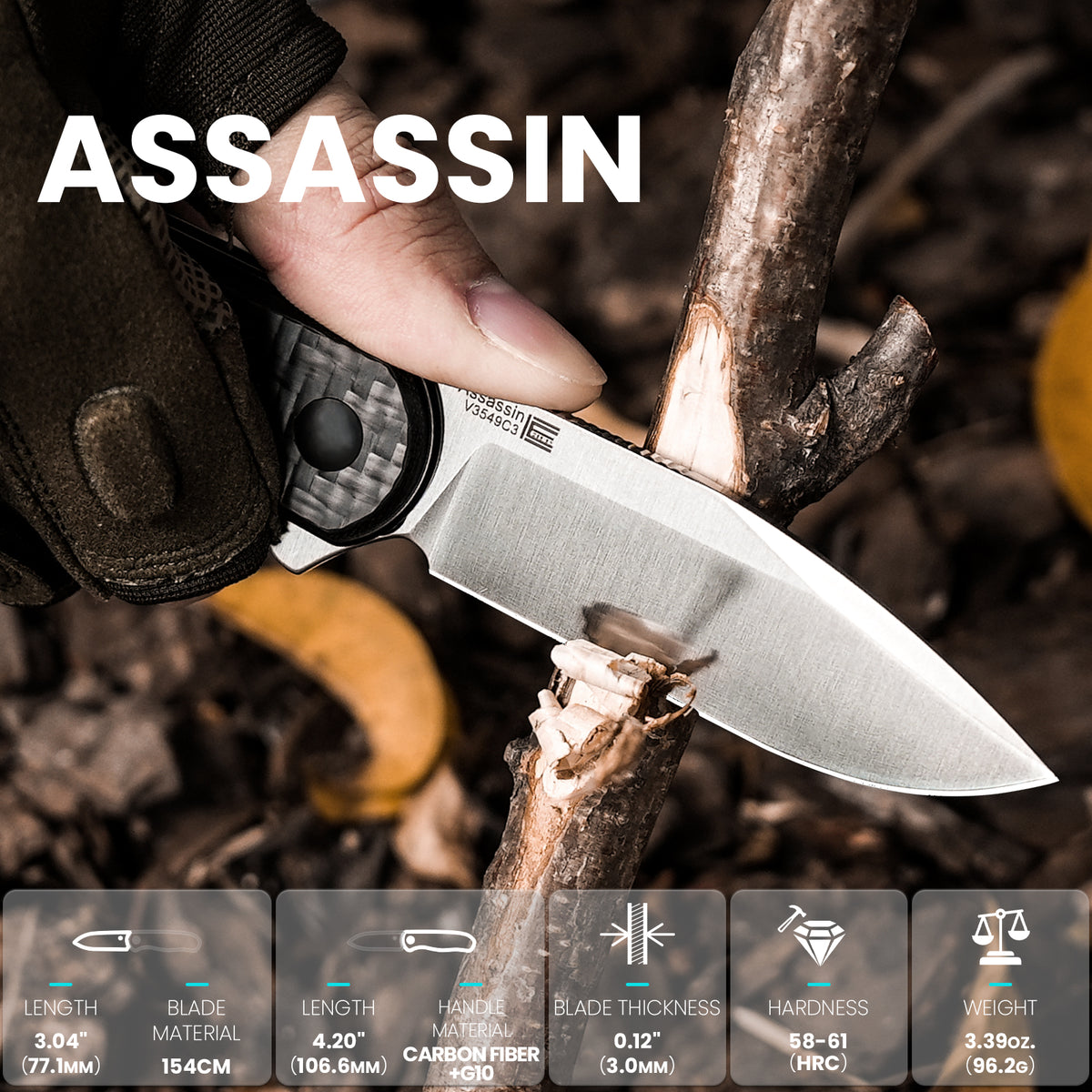 Kizer Assassin 3" 154CM Carbon Fiber G10 Button-Lock Folding Knife by Carlos Elstner V3549C3