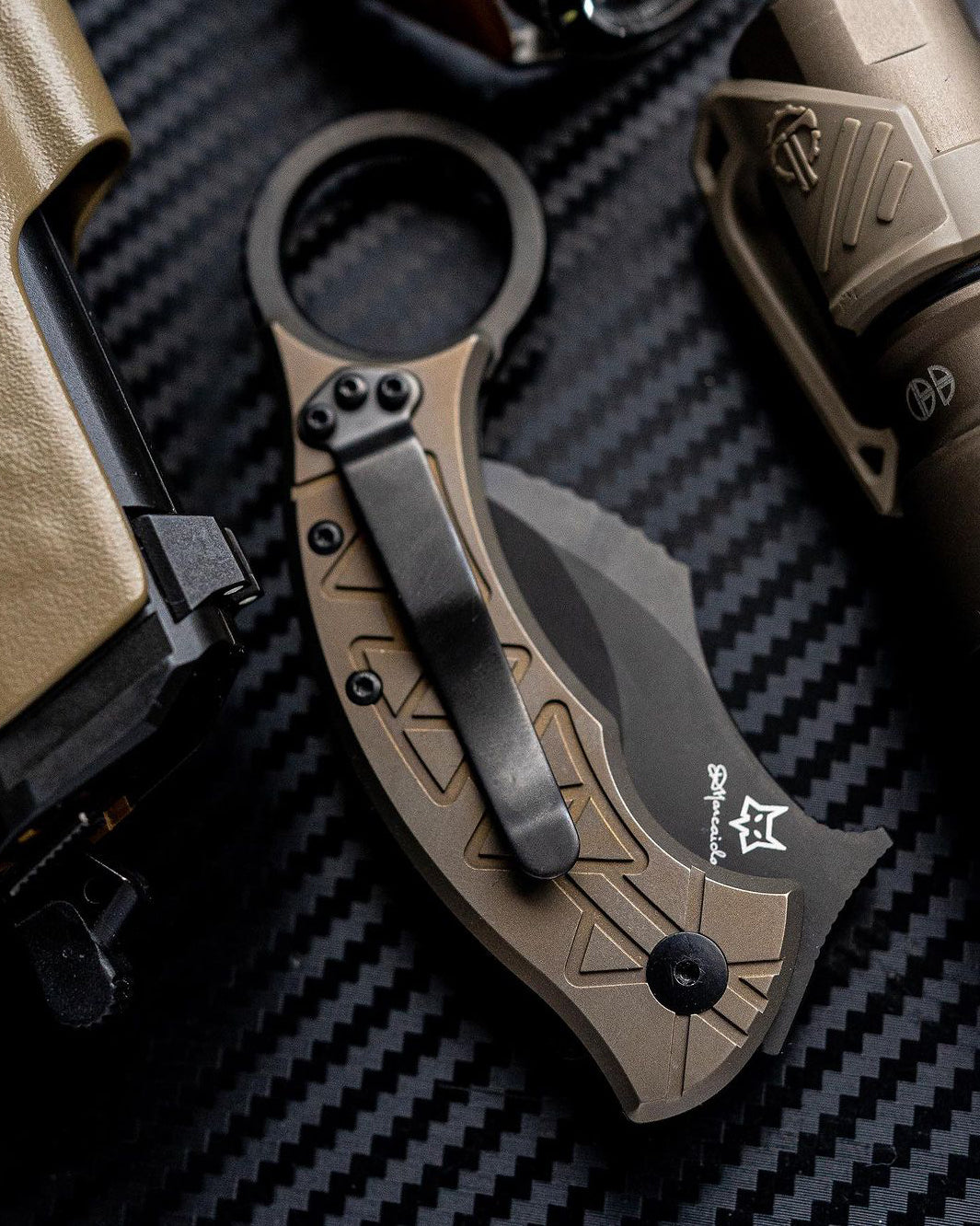 Fox Tribal K 3.03" Black M390 Bronze Titanium Folding Karambit Knife by Doug Marcaida FX-802 TiPVD