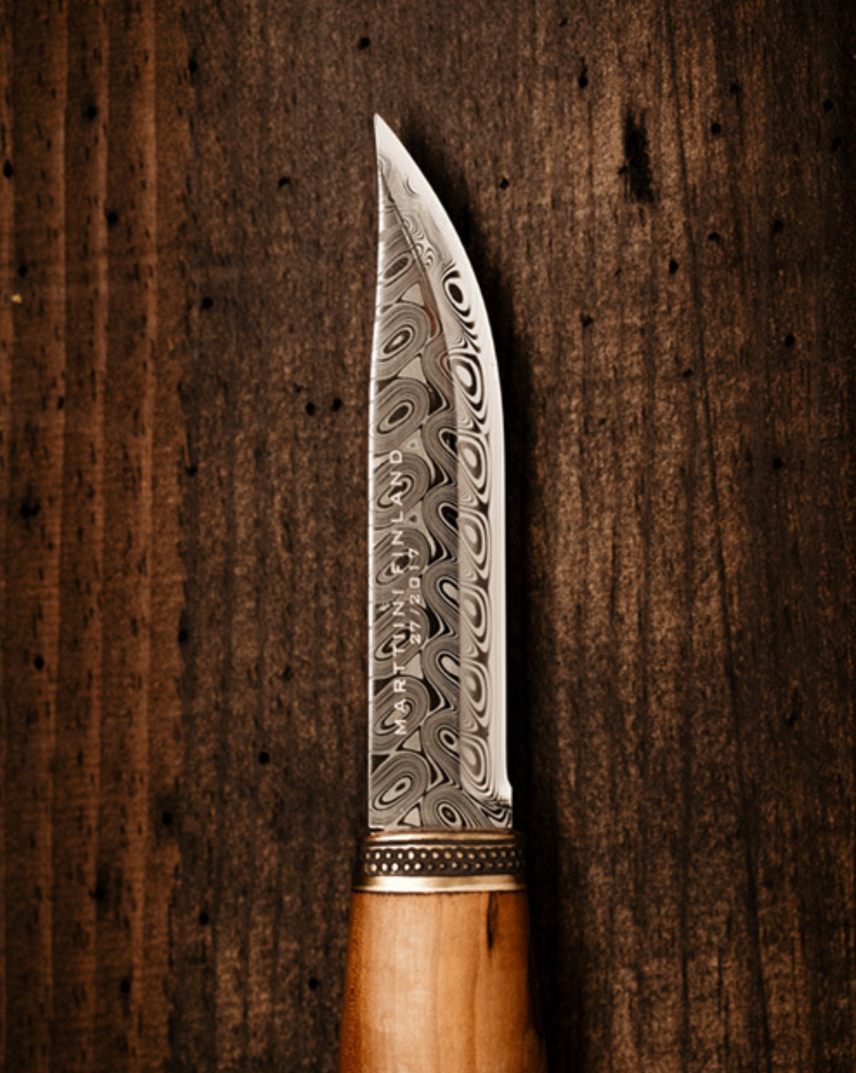 Marttiini Eagle Damascus 3.94" Curly Birch Puukko Knife with Leather Sheath