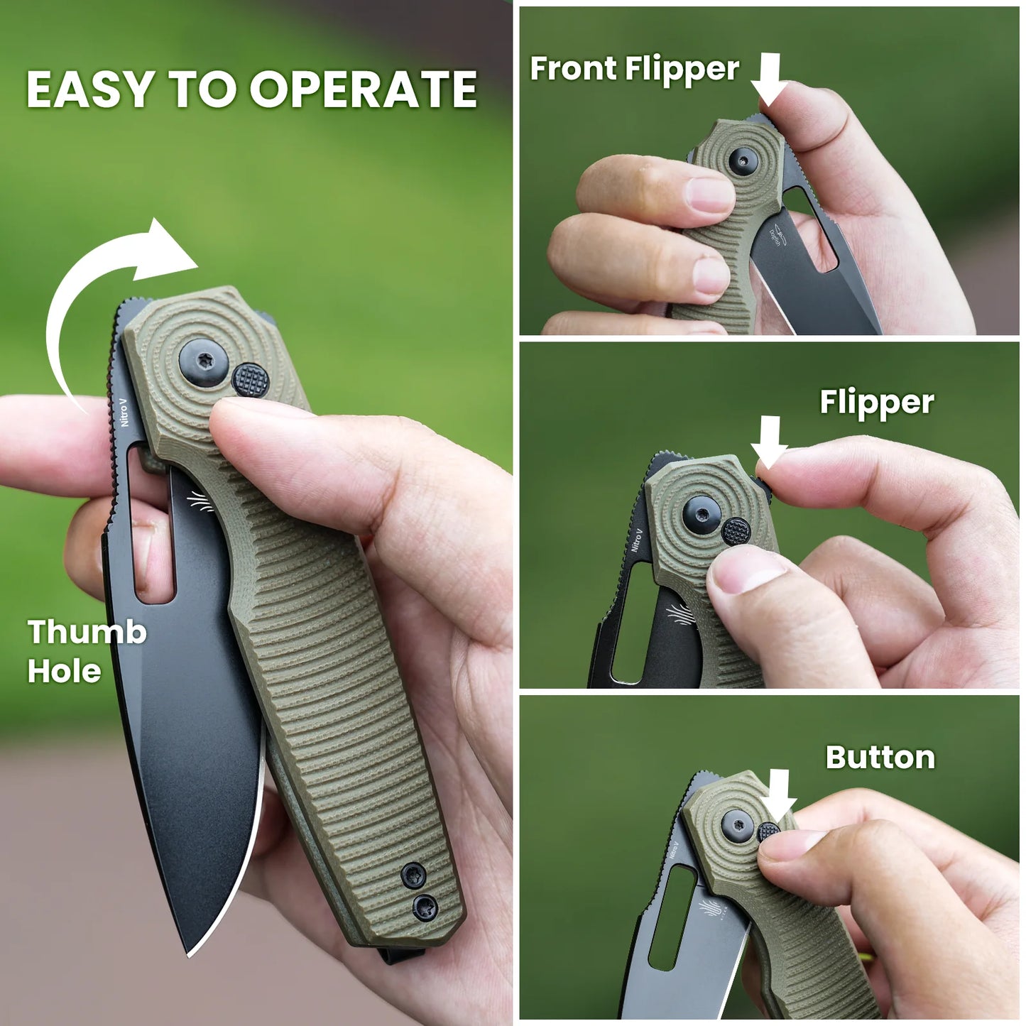 Kizer Dogfish 3.14" Nitro-V Green G10 Button-Lock Folding Knife by Caleb Waldman V3640A2