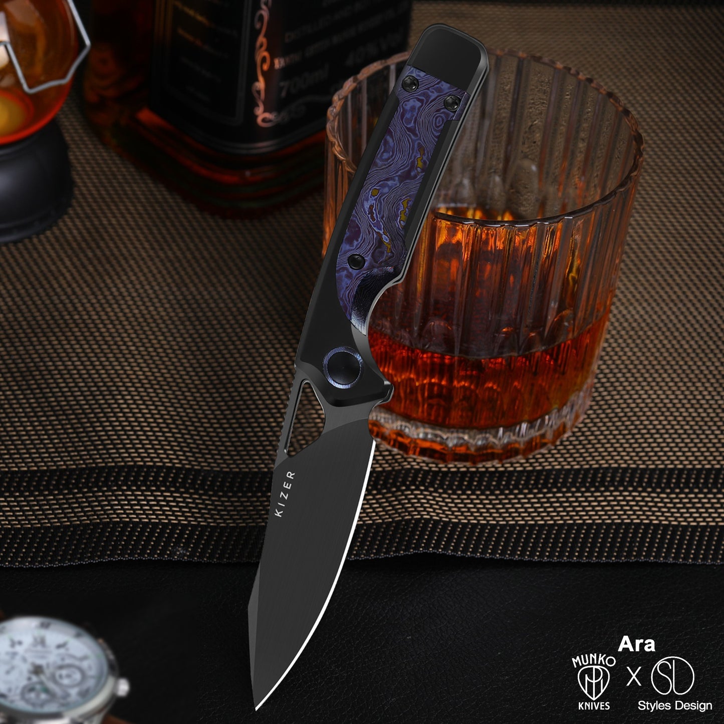 Kizer Ara 3.09" CPM Cruwear DLC Black Titanium Purple Timascus Folding Knife by Jonathan Styles x Paul Munko Ki3729A4