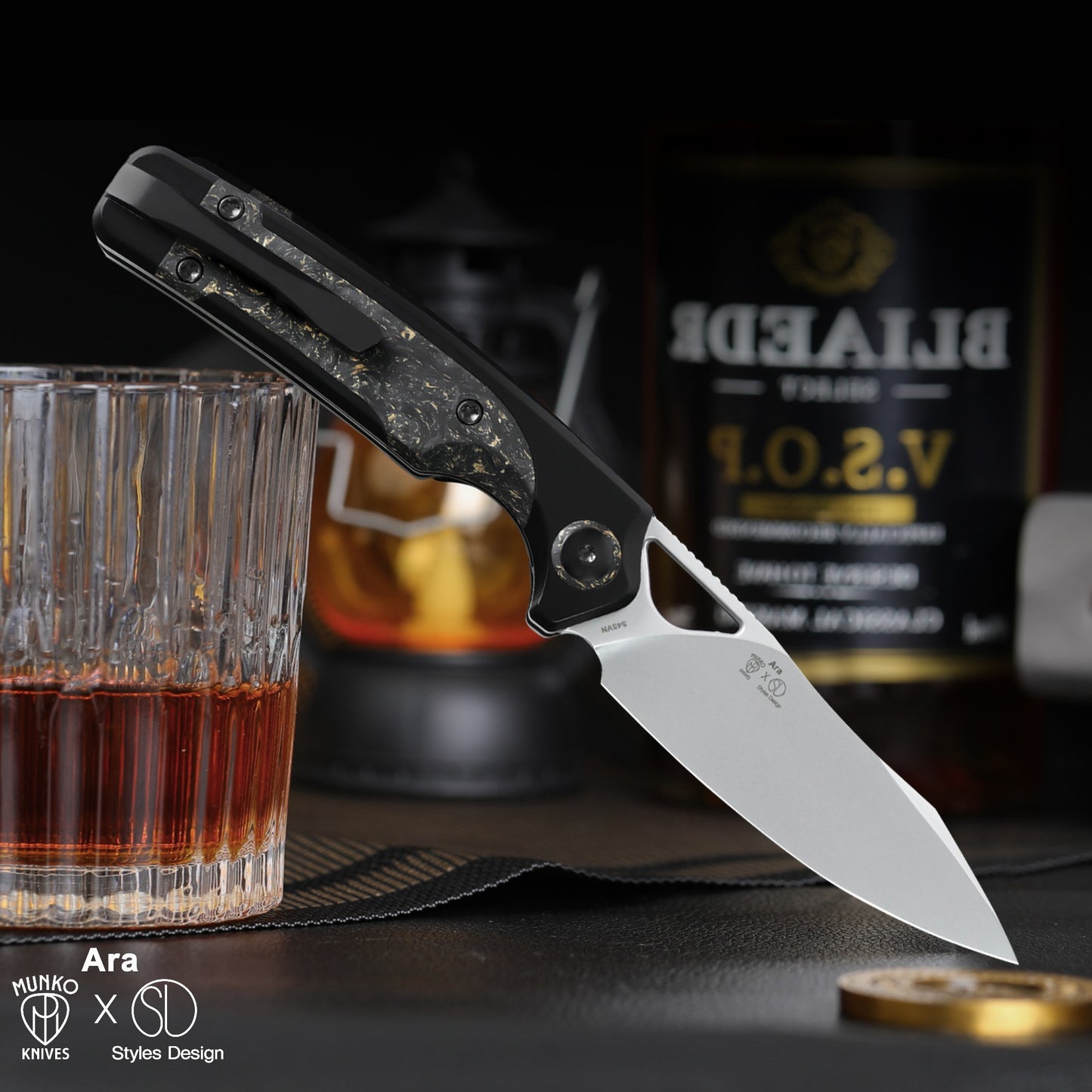 Kizer Ara 3.09" S45VN Carbon Fiber Gold Flake Titanium Folding Knife by Jonathan Styles x Paul Munko Ki3729A1