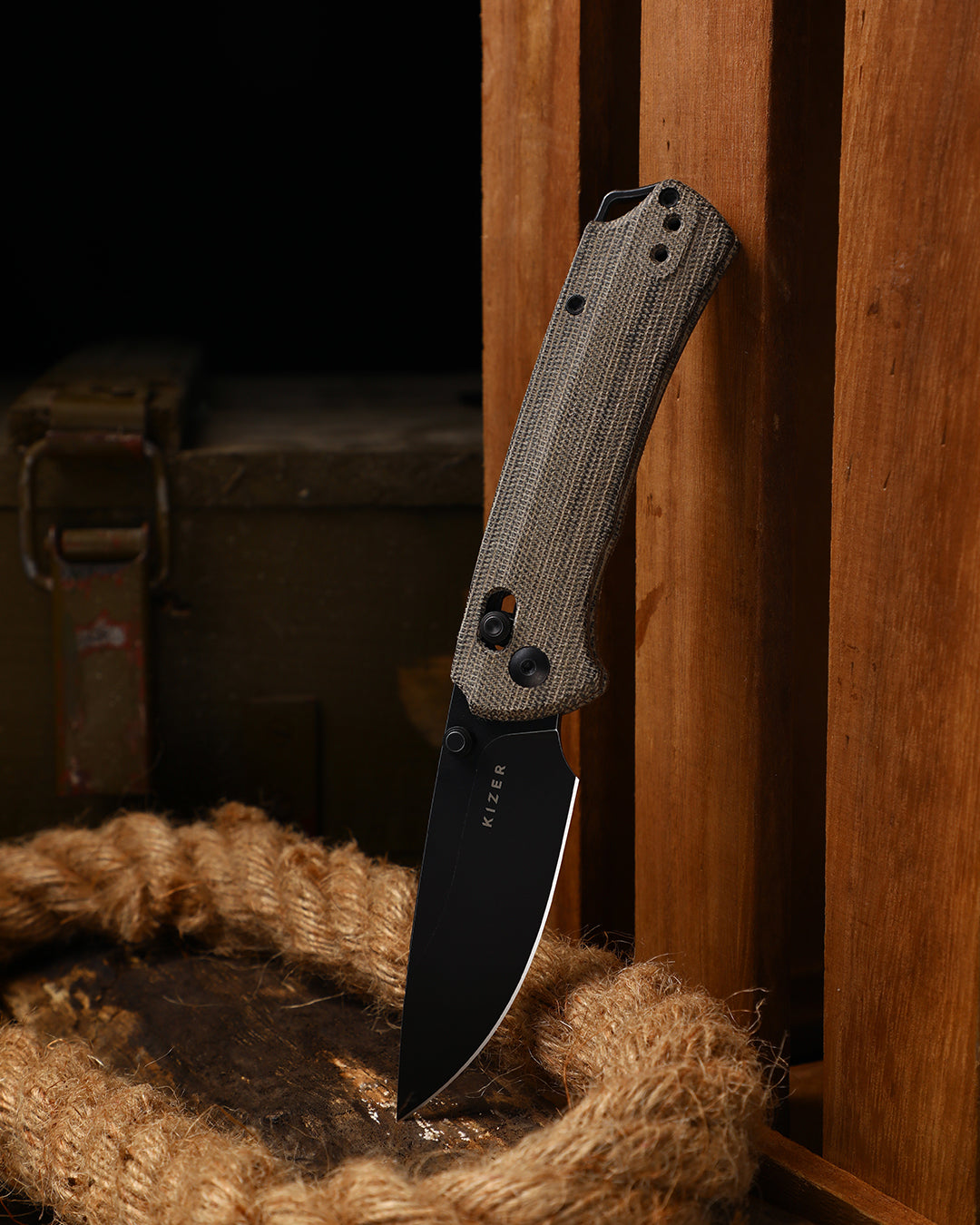 Kizer T1 CD 3.2" Nitro-V Olive Green Norplex UltreX Micarta Black Stonewash Clutch-Lock Folding Knife by Uli Hennicke V3490.2CA1