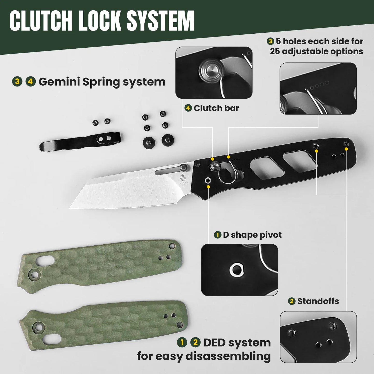 Kizer Task Clutch-Lock 3.04" 154CM Green G10 Folding Knife V3641C3