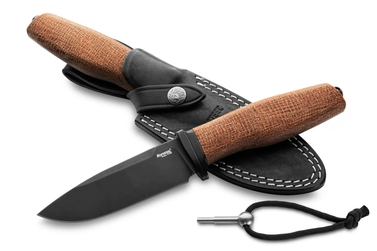 LionSteel Acha 4.21" M390 Black PVD Stonewashed Natural Burlap Micarta Fixed Blade Knife AH B BLN