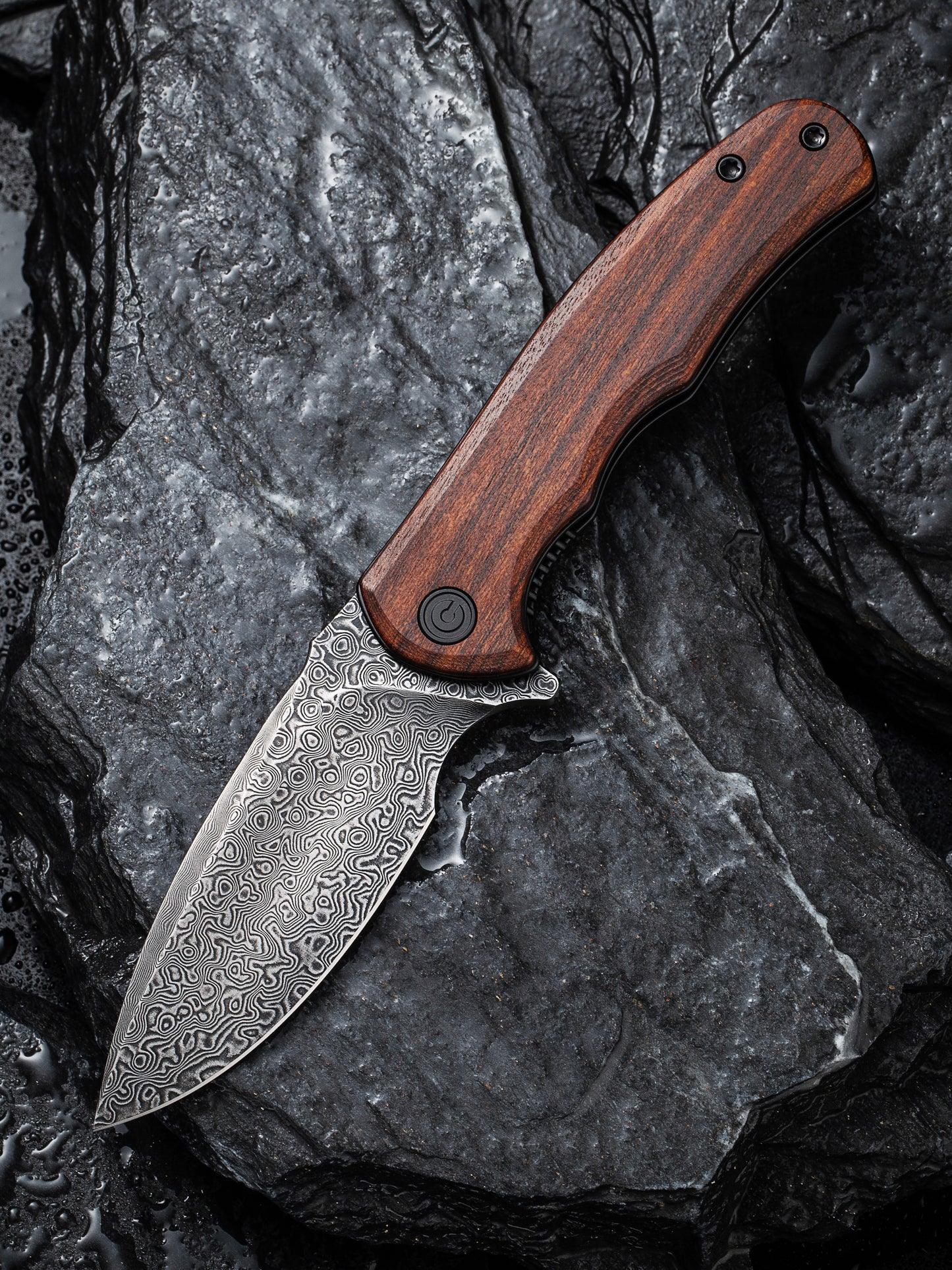 Civivi Mini Praxis 2.98" Black Damascus Guibourtia Wood Folding Knife C18026C-DS1