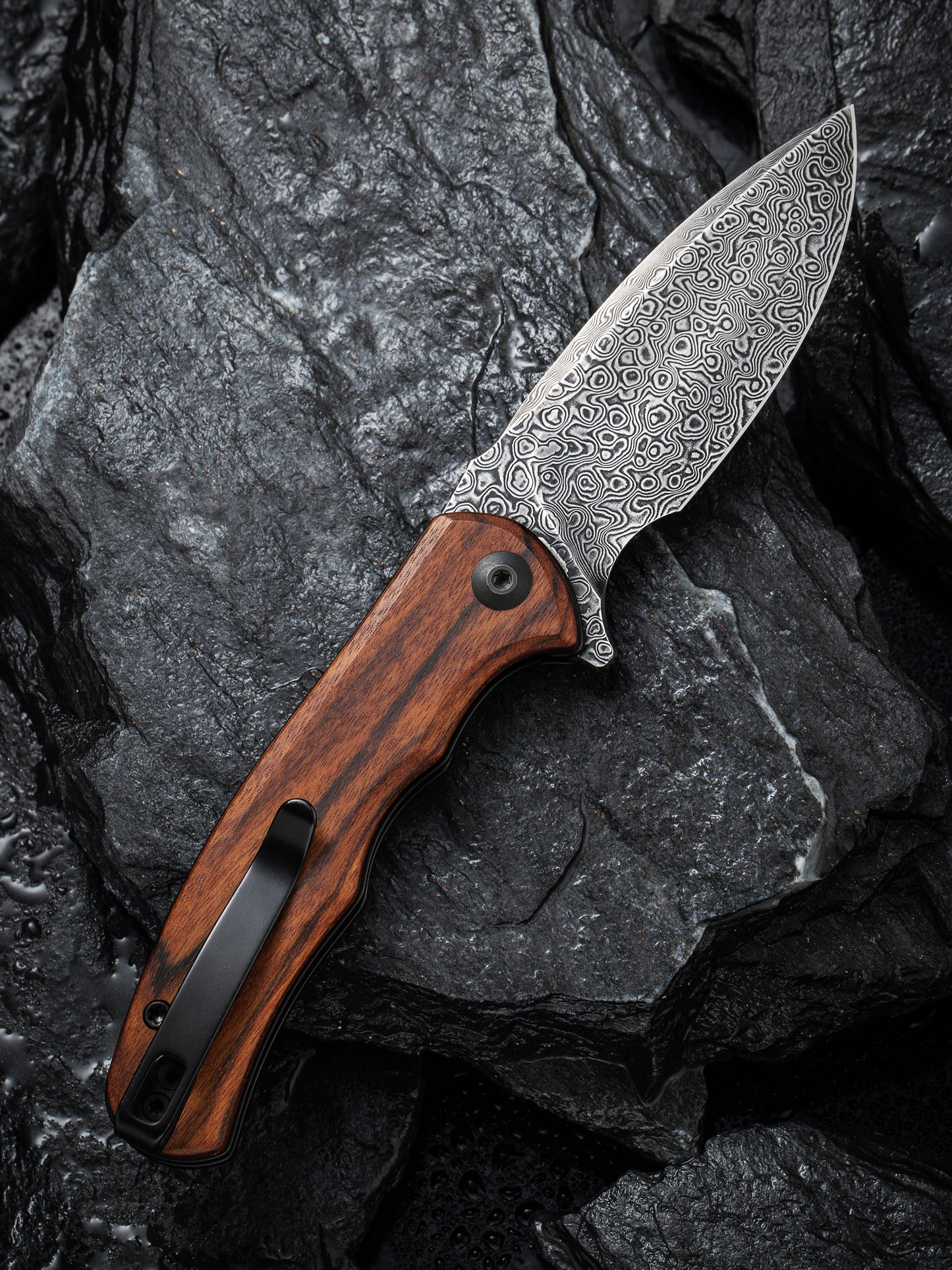 Civivi Mini Praxis 2.98" Black Damascus Cuibourtia Wood Folding Knife C18026C-DS1