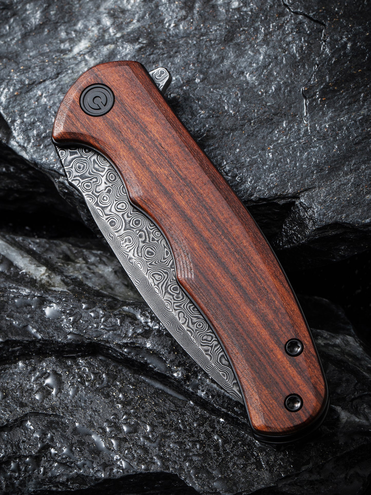 Civivi Mini Praxis 2.98" Black Damascus Guibourtia Wood Folding Knife C18026C-DS1