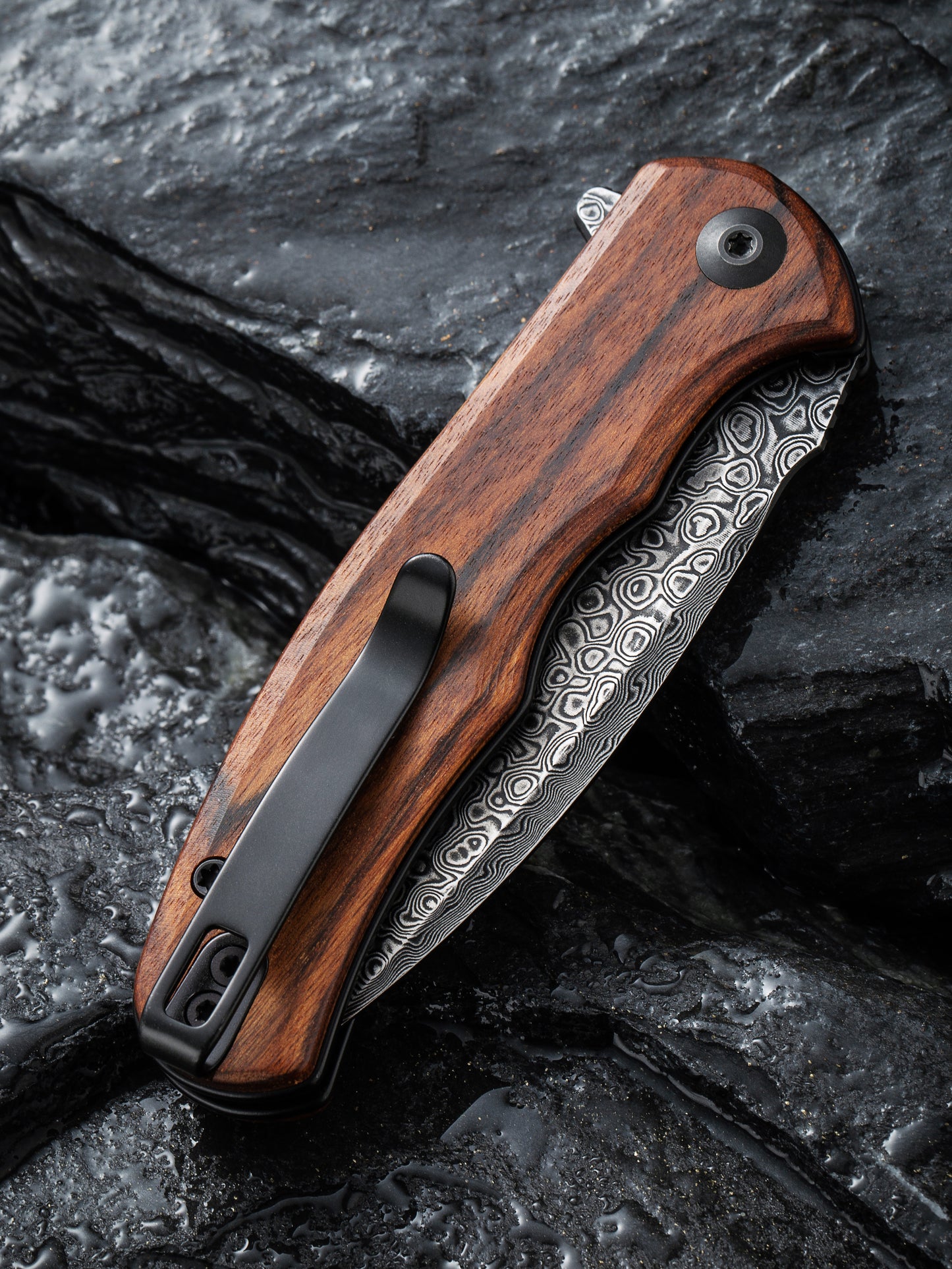 Civivi Mini Praxis 2.98" Black Damascus Guibourtia Wood Folding Knife C18026C-DS1