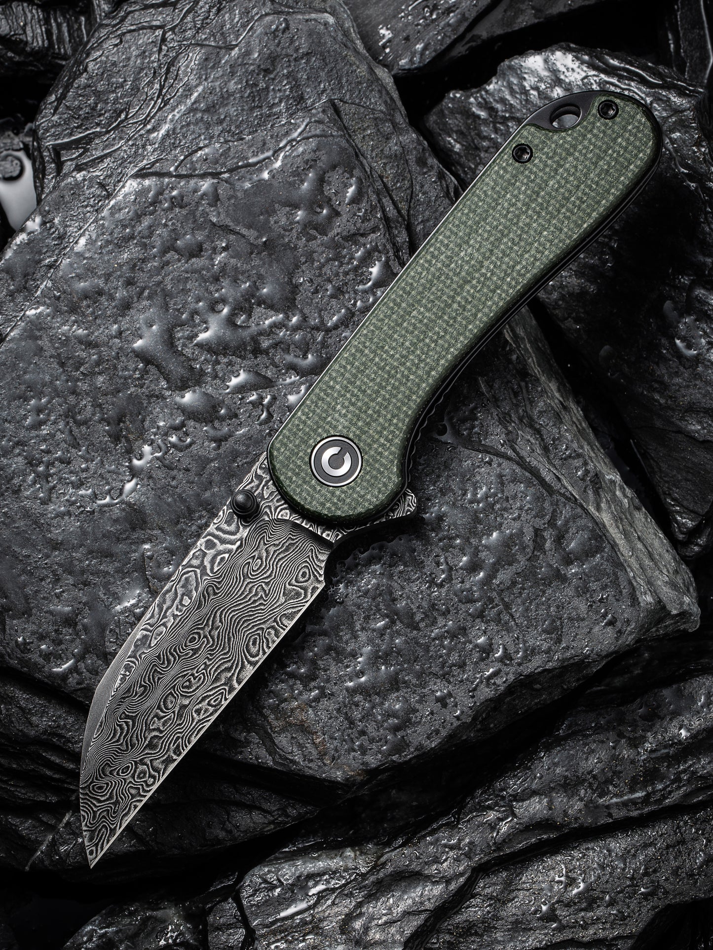 Civivi Elementum Wharncliffe 2.97" Black Damascus Green Canvas Micarta Folding Knife C18062AF-DS1