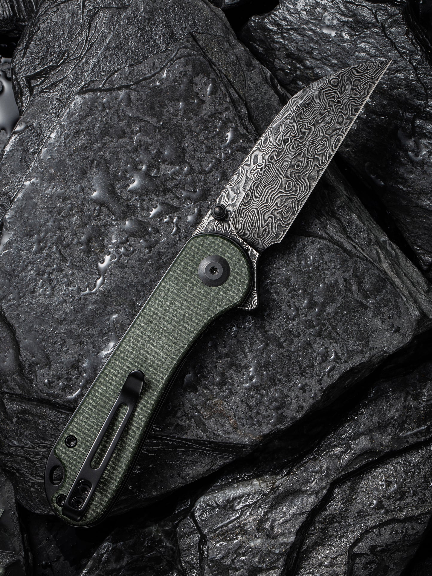 Civivi Elementum Wharncliffe 2.97" Black Damascus Green Canvas Micarta Folding Knife C18062AF-DS1