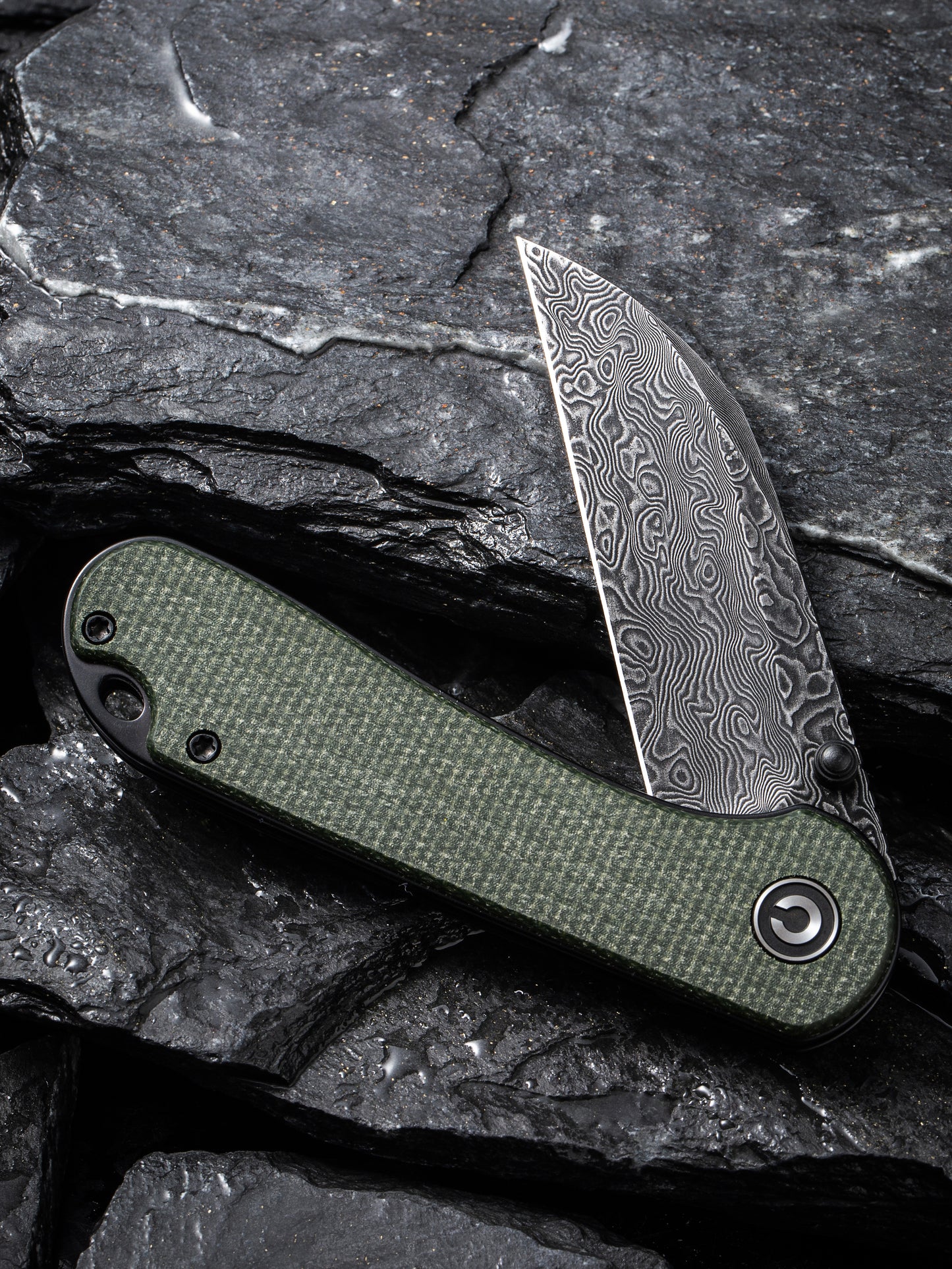 Civivi Elementum Wharncliffe 2.97" Black Damascus Green Canvas Micarta Folding Knife C18062AF-DS1