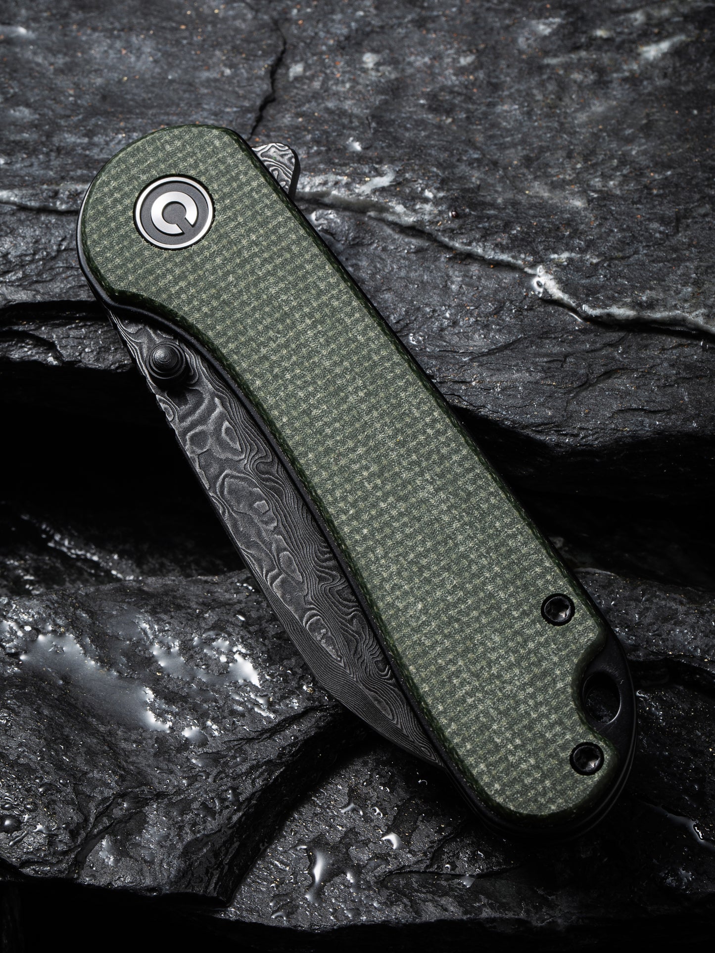 Civivi Elementum Wharncliffe 2.97" Black Damascus Green Canvas Micarta Folding Knife C18062AF-DS1