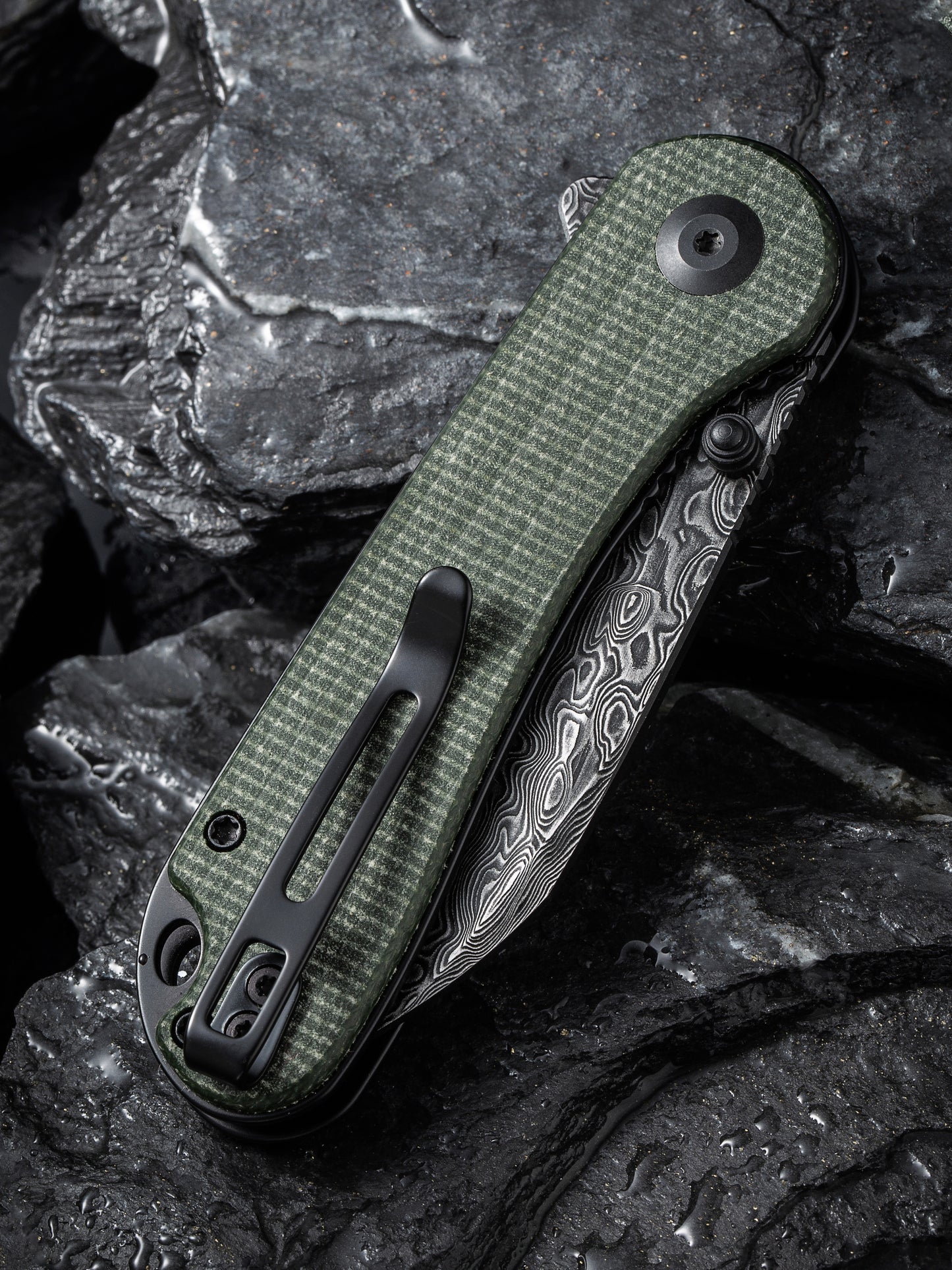 Civivi Elementum Wharncliffe 2.97" Black Damascus Green Canvas Micarta Folding Knife C18062AF-DS1