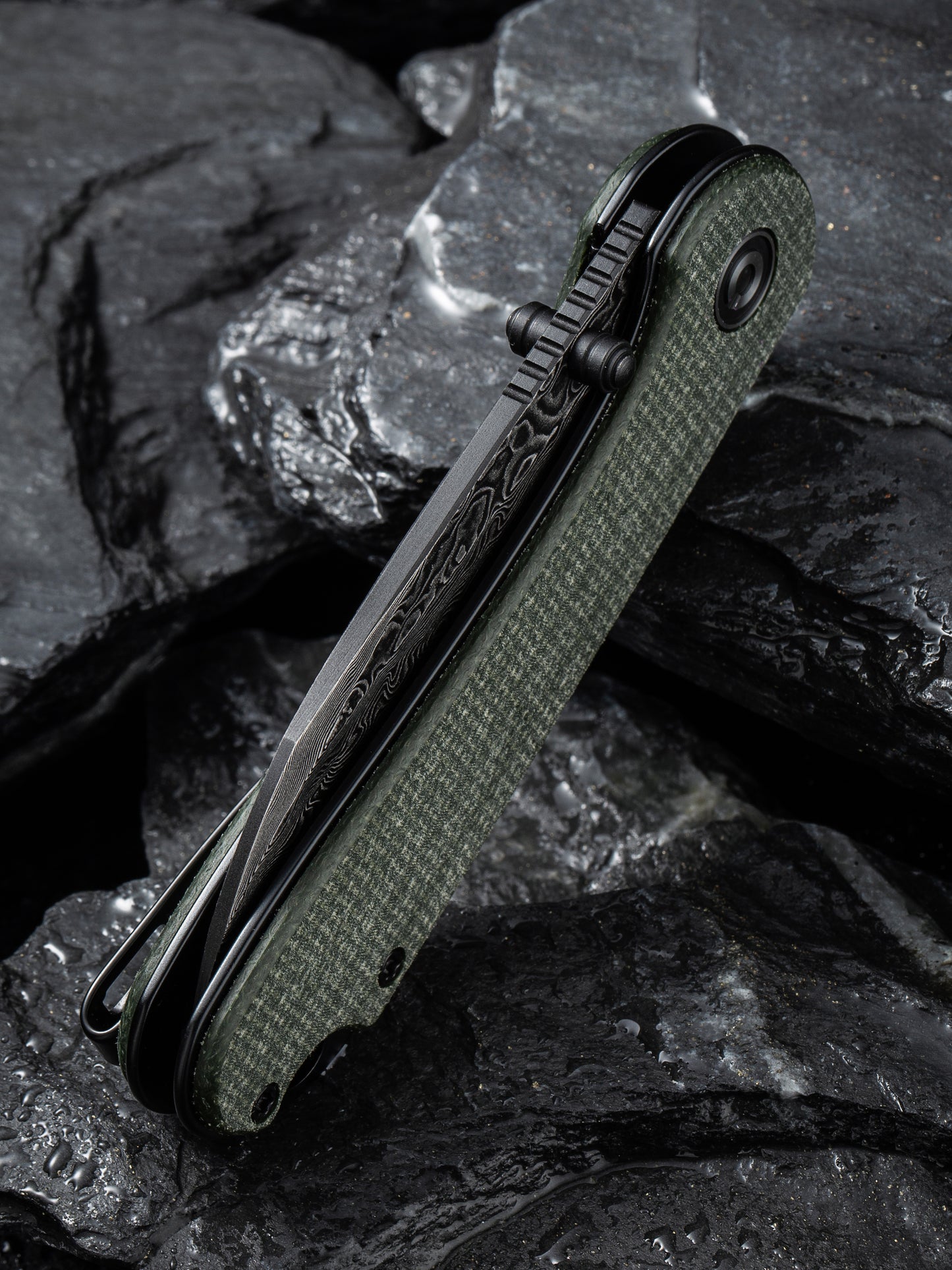 Civivi Elementum Wharncliffe 2.97" Black Damascus Green Canvas Micarta Folding Knife C18062AF-DS1