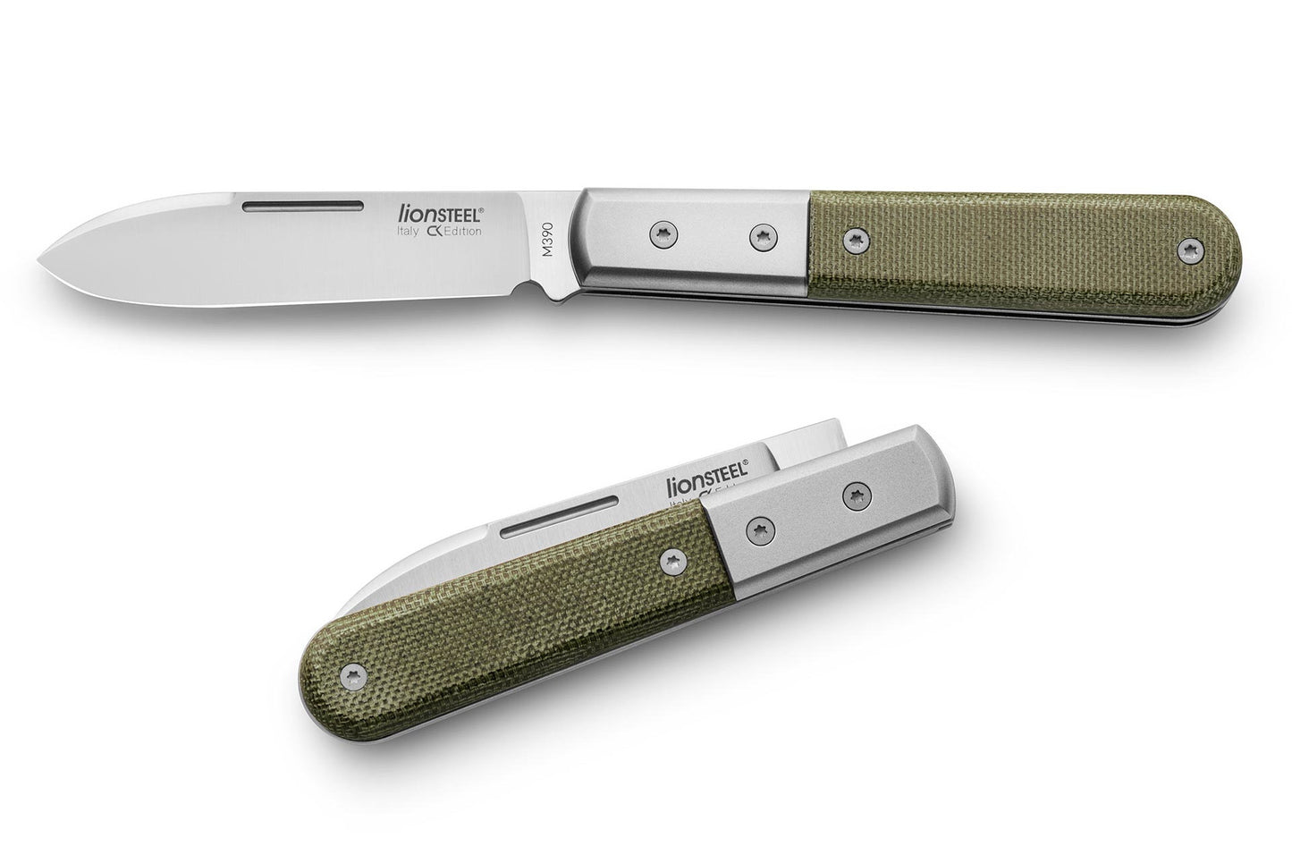 LionSteel Barlow Roundhead 2.95" M390 Green Canvas Micarta Titanium Slipjoint Folding Knife