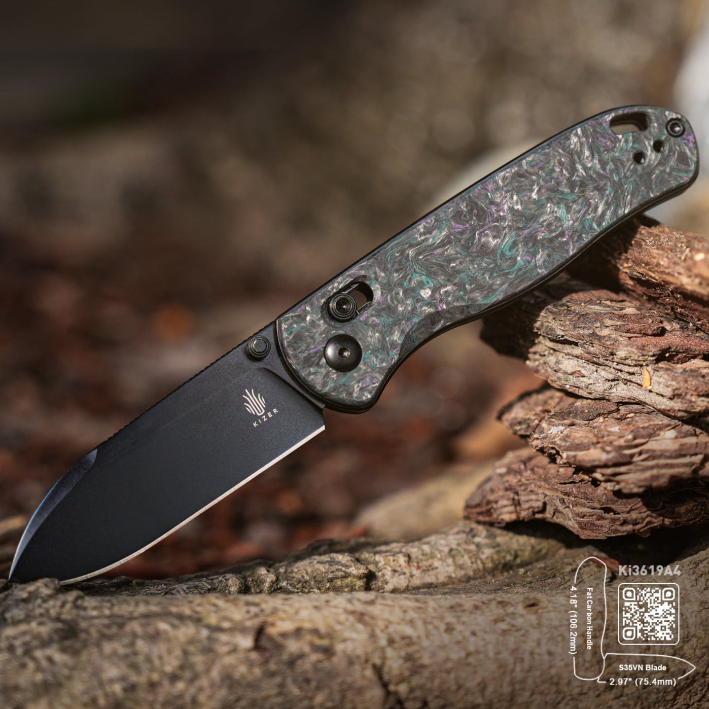 Kizer Drop Bear Clutch-Lock 2.99" S35VN Medusa Fatcarbon Folding Knife Ki3619A4