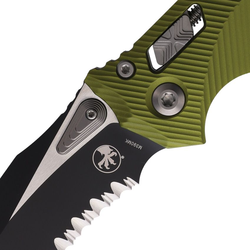 Microtech Amphibian Ram-Lok 3.9" M390MK Part-Serrated Two-Tone OD Green Fluted Aluminium Folding Knife
