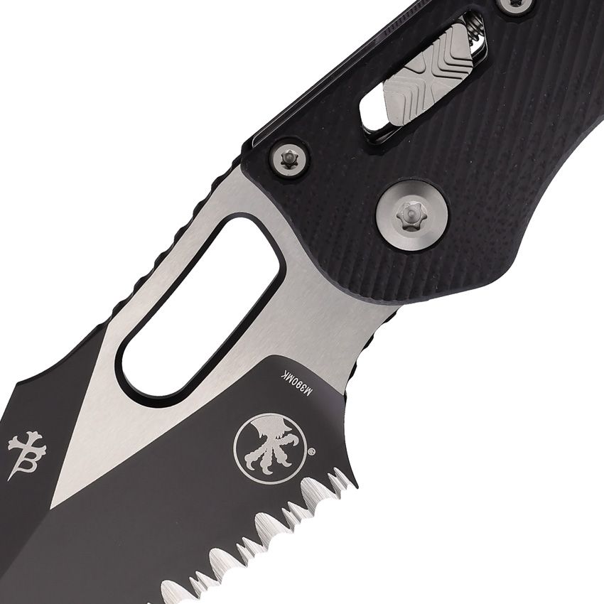 Microtech Stitch Ram-Lok 3.7" M390MK Full-Serrated Two-Tone Black Fluted G10 Folding Knife