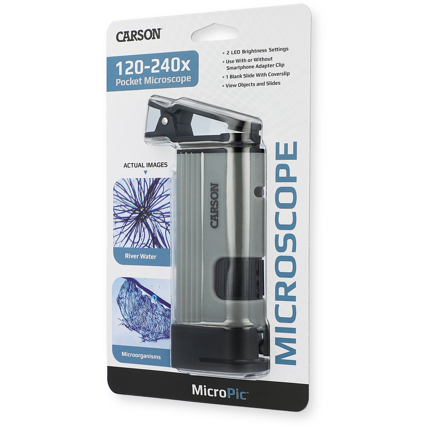 Carson MicroPic™ 120x-240x Dual LED High-Resolution Pocket Microscope with Slide Base and Smartphone Digiscoping Clip MP-400