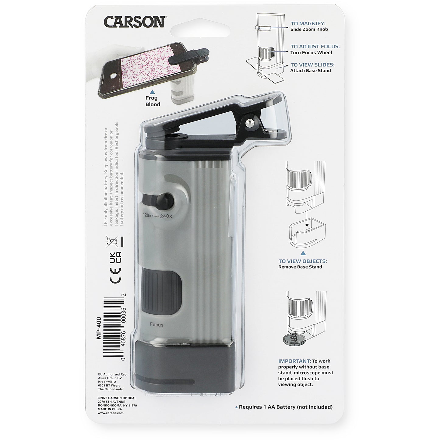 Carson MicroPic™ 120x-240x Dual LED High-Resolution Pocket Microscope with Slide Base and Smartphone Digiscoping Clip MP-400