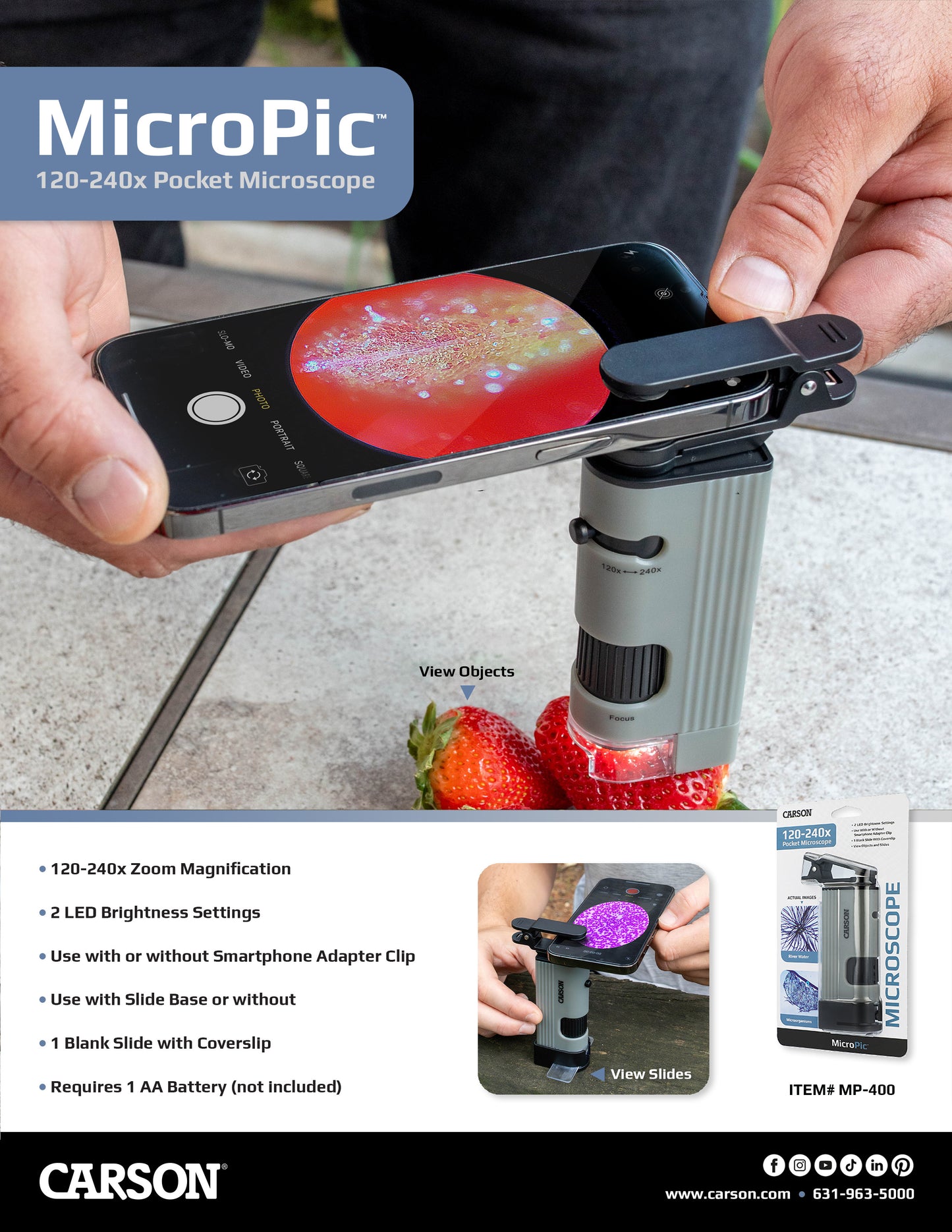 Carson MicroPic™ 120x-240x Dual LED High-Resolution Pocket Microscope with Slide Base and Smartphone Digiscoping Clip MP-400