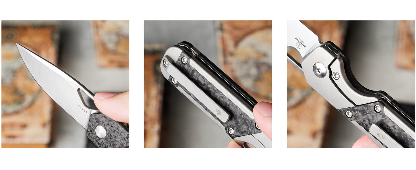 Kizer Mini Militaw 2.82" S45VN Titanium Carbon Fiber Folding Knife Ki3634SA4