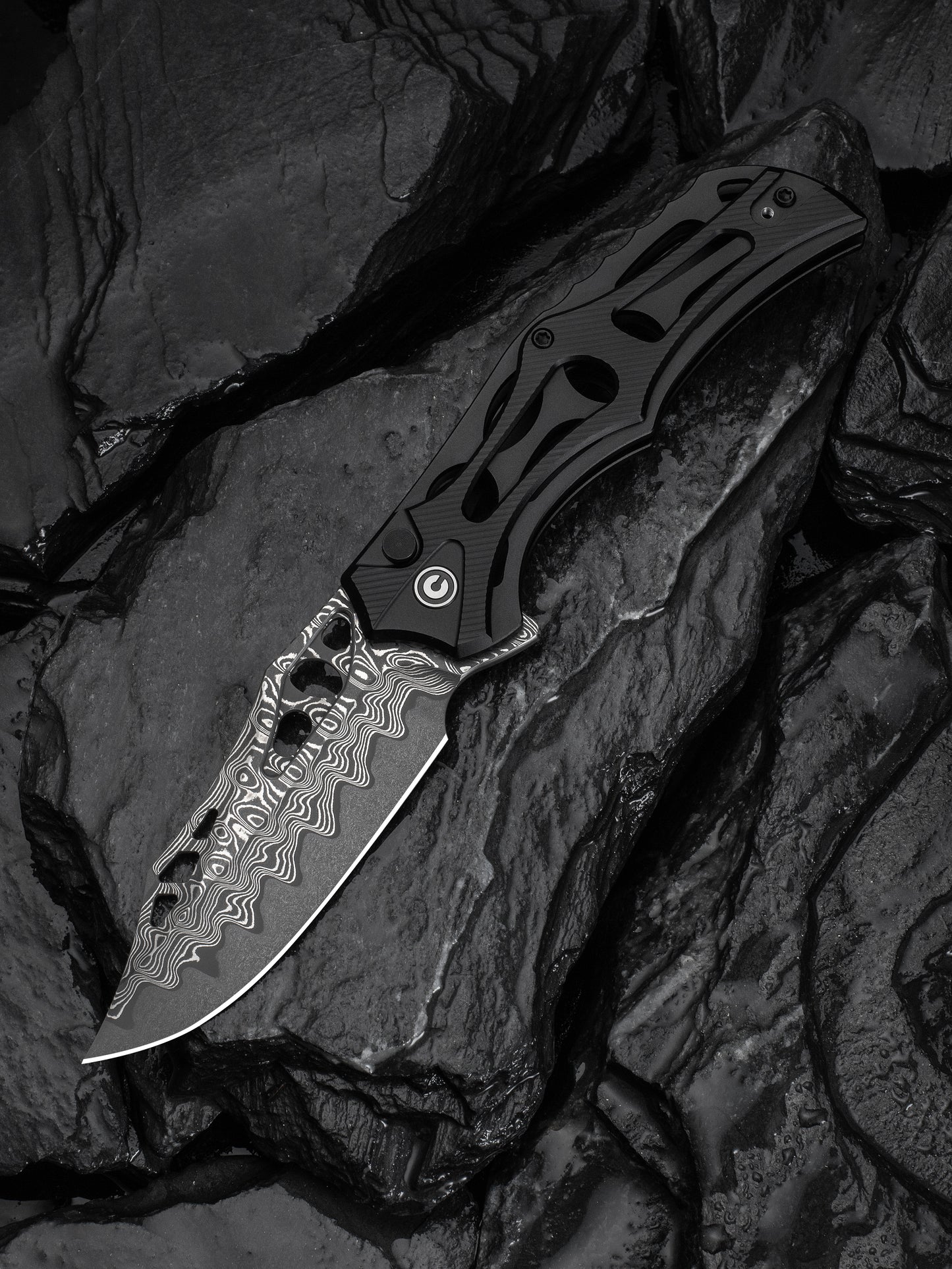 Civivi Biophase 3.48" Damascus Black Aluminium Button Lock Folding Knife C23083-DS1
