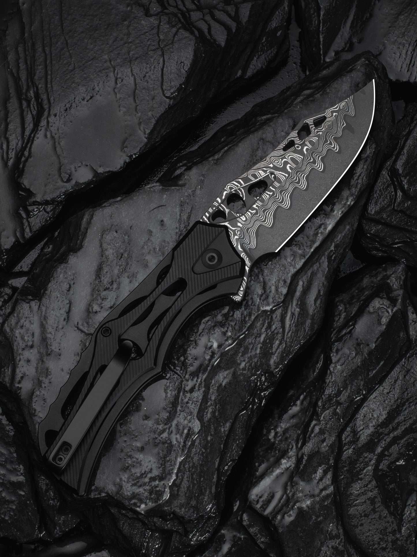 Civivi Biophase 3.48" Damascus Black Aluminium Button Lock Folding Knife C23083-DS1