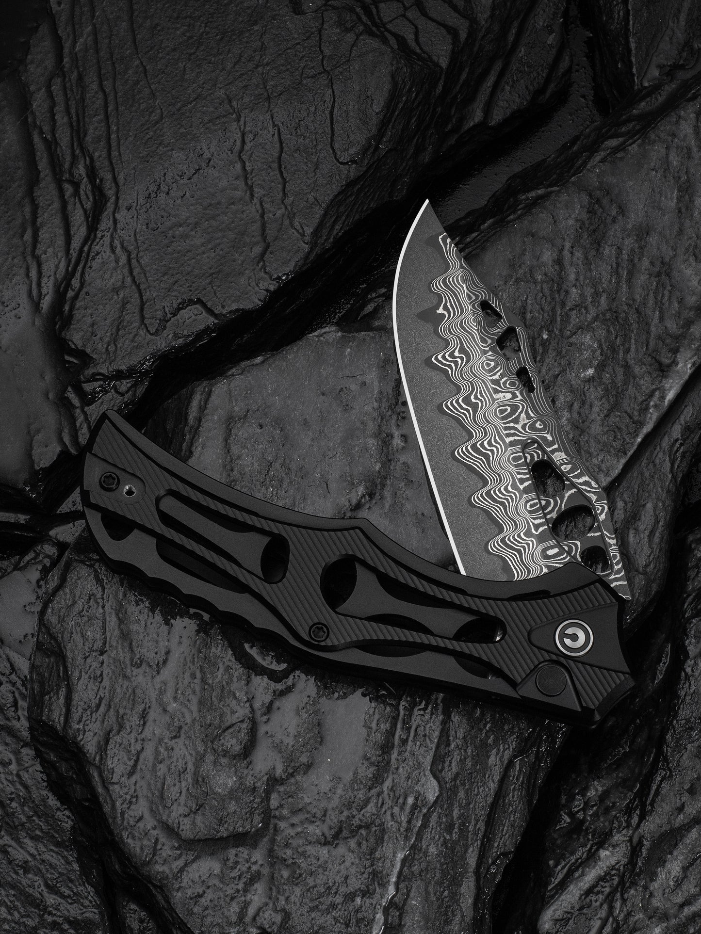 Civivi Biophase 3.48" Damascus Black Aluminium Button Lock Folding Knife C23083-DS1