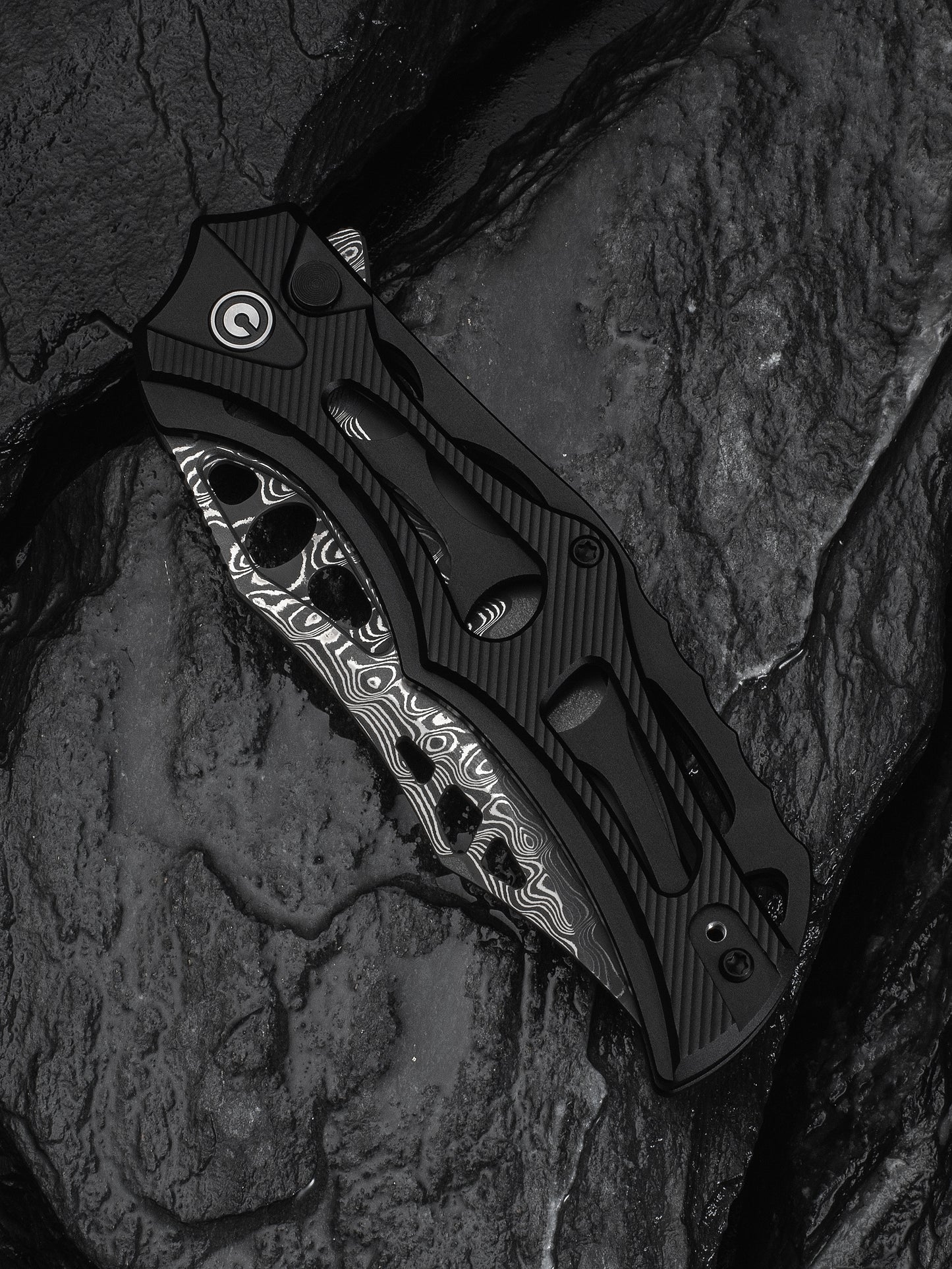 Civivi Biophase 3.48" Damascus Black Aluminium Button Lock Folding Knife C23083-DS1