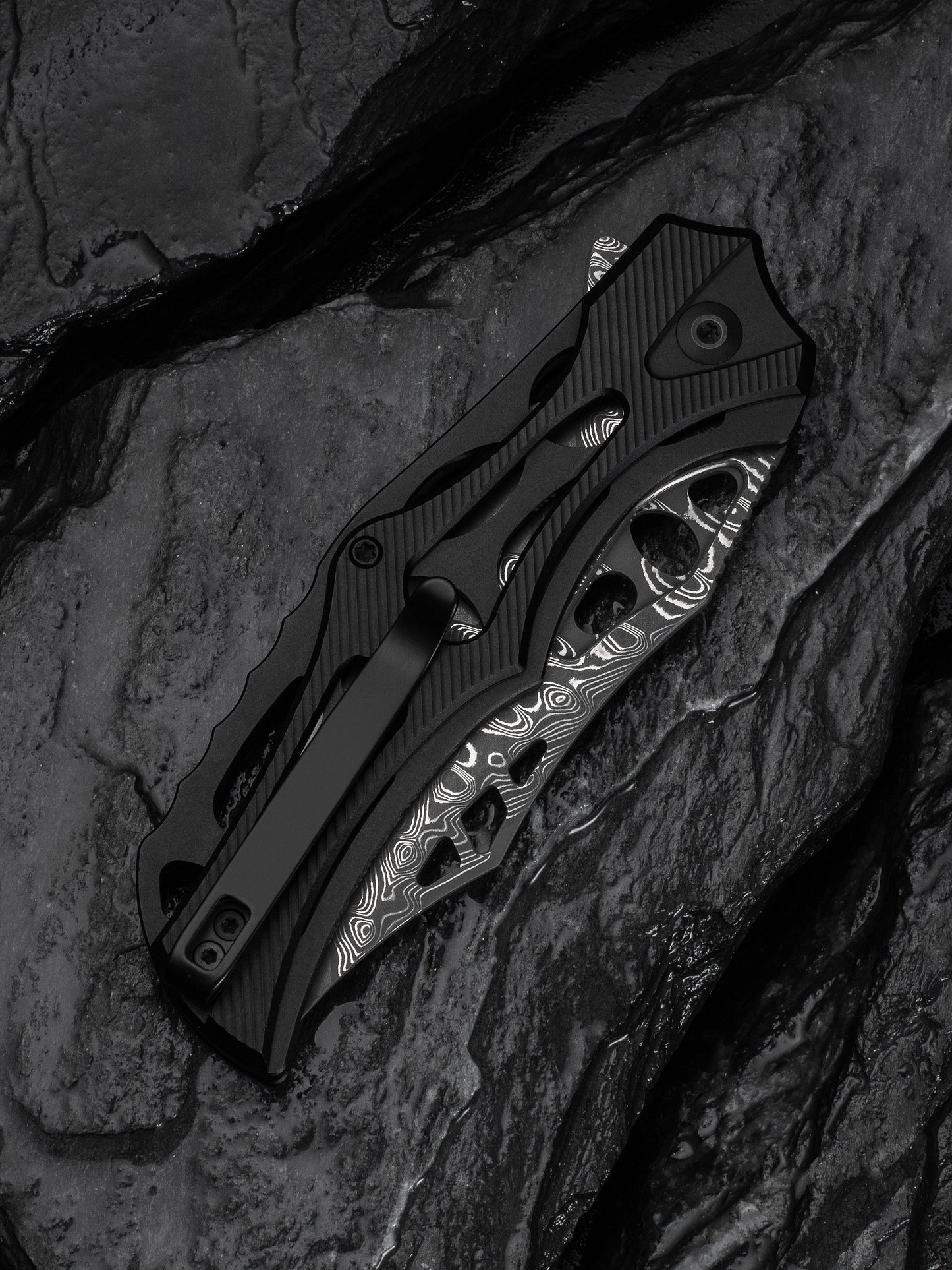 Civivi Biophase 3.48" Damascus Black Aluminium Button Lock Folding Knife C23083-DS1