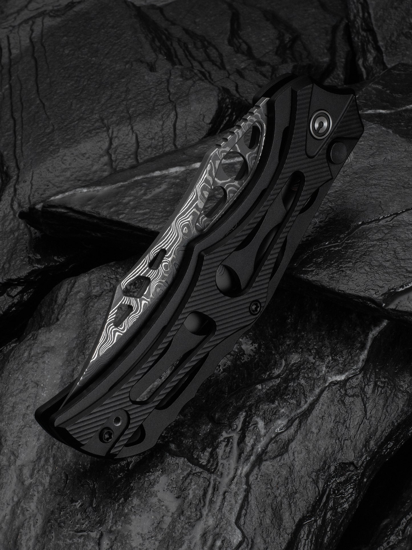 Civivi Biophase 3.48" Damascus Black Aluminium Button Lock Folding Knife C23083-DS1