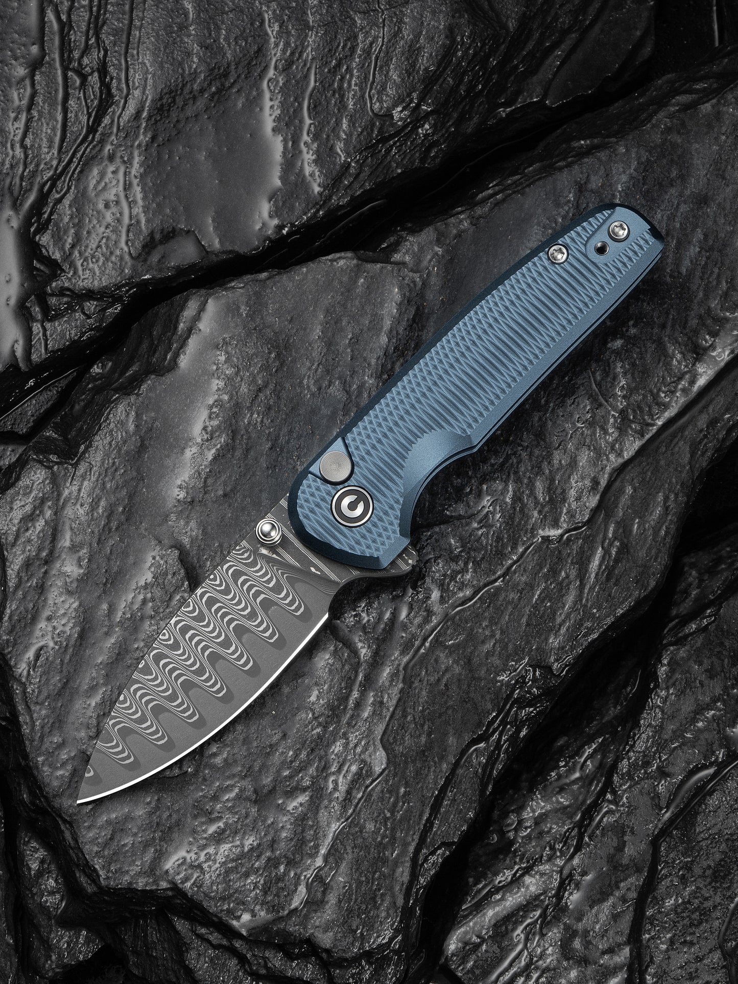 Civivi Mini Shakan 2.48" Aluminum Ripple Blue Aluminum Button Lock Folding Knife C20052F-DS1