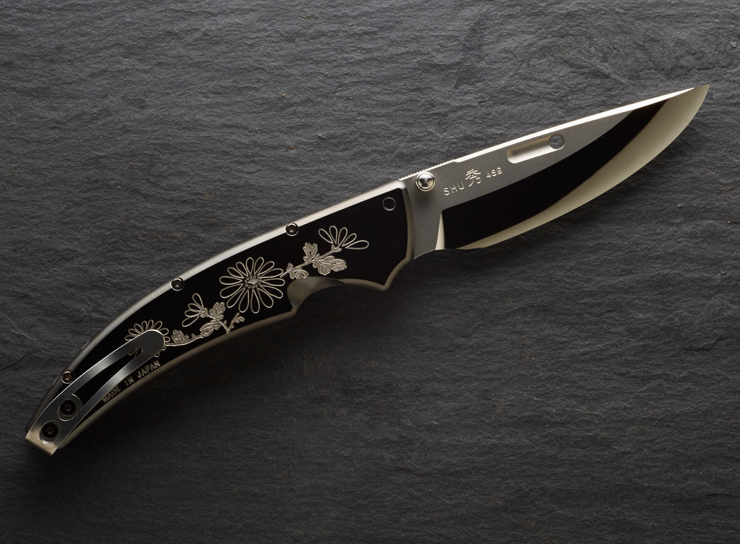 Rockstead SHU CB-ZDP KIKU 3.2" Polished ZDP189 Folding Knife with Engraved DLC Titanium Handle
