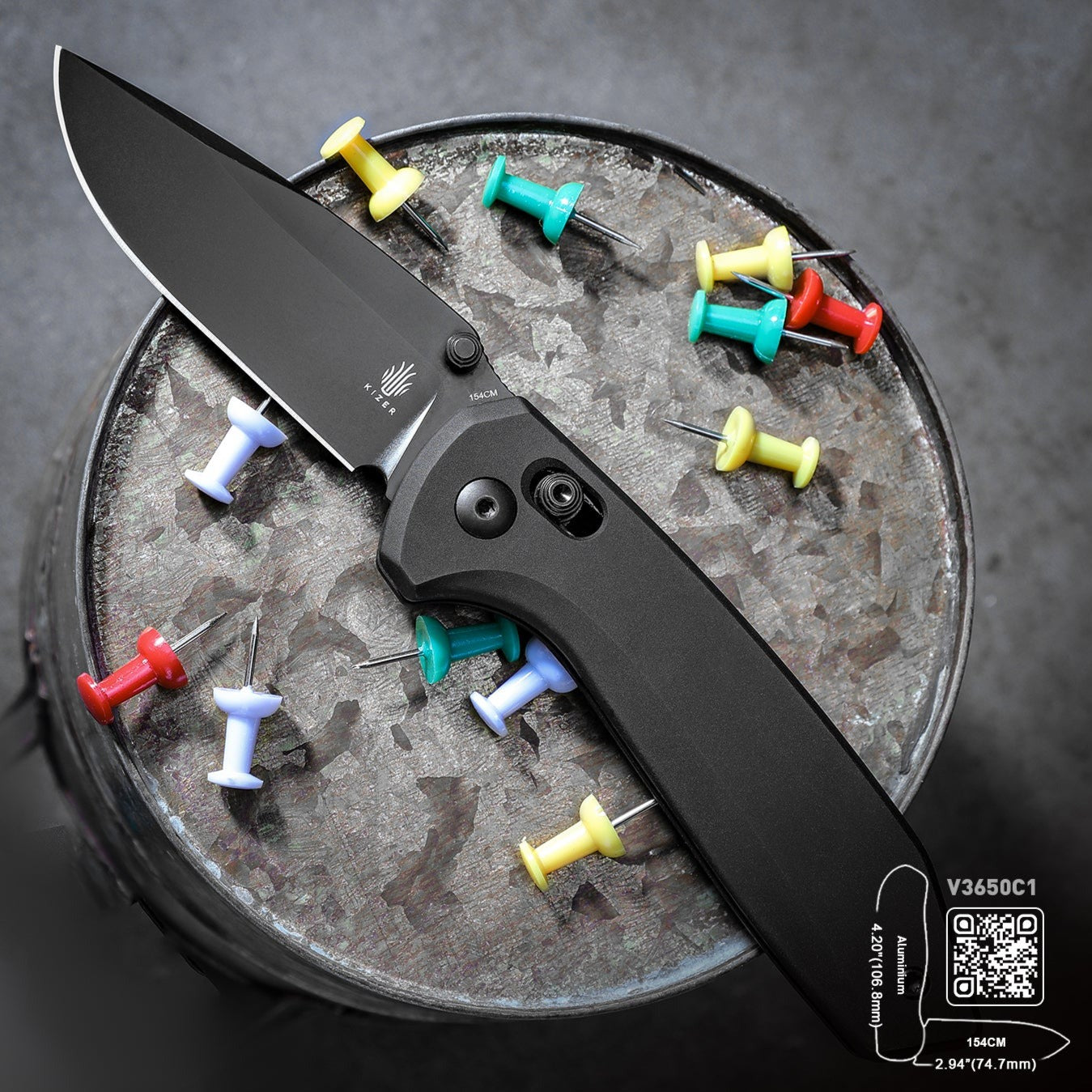 Kizer Sub-3 OBK 2.94" 154CM Black Aluminium Clutch-Lock Folding Knife by Mikey Carlson V3650C1