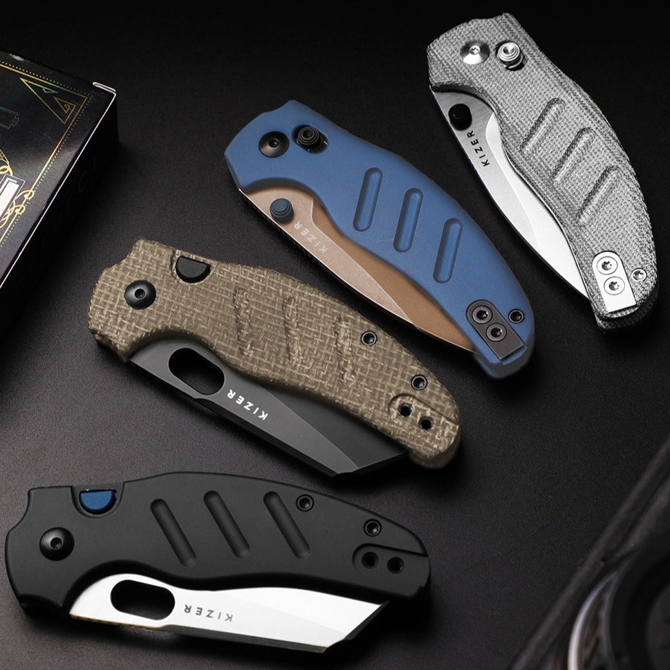 Kizer Sheepdog C01C 2.95" Elmax Sunset Metal PVD Blue Aluminium Clutch-Lock Folding Knife Ki3488.29CDA1