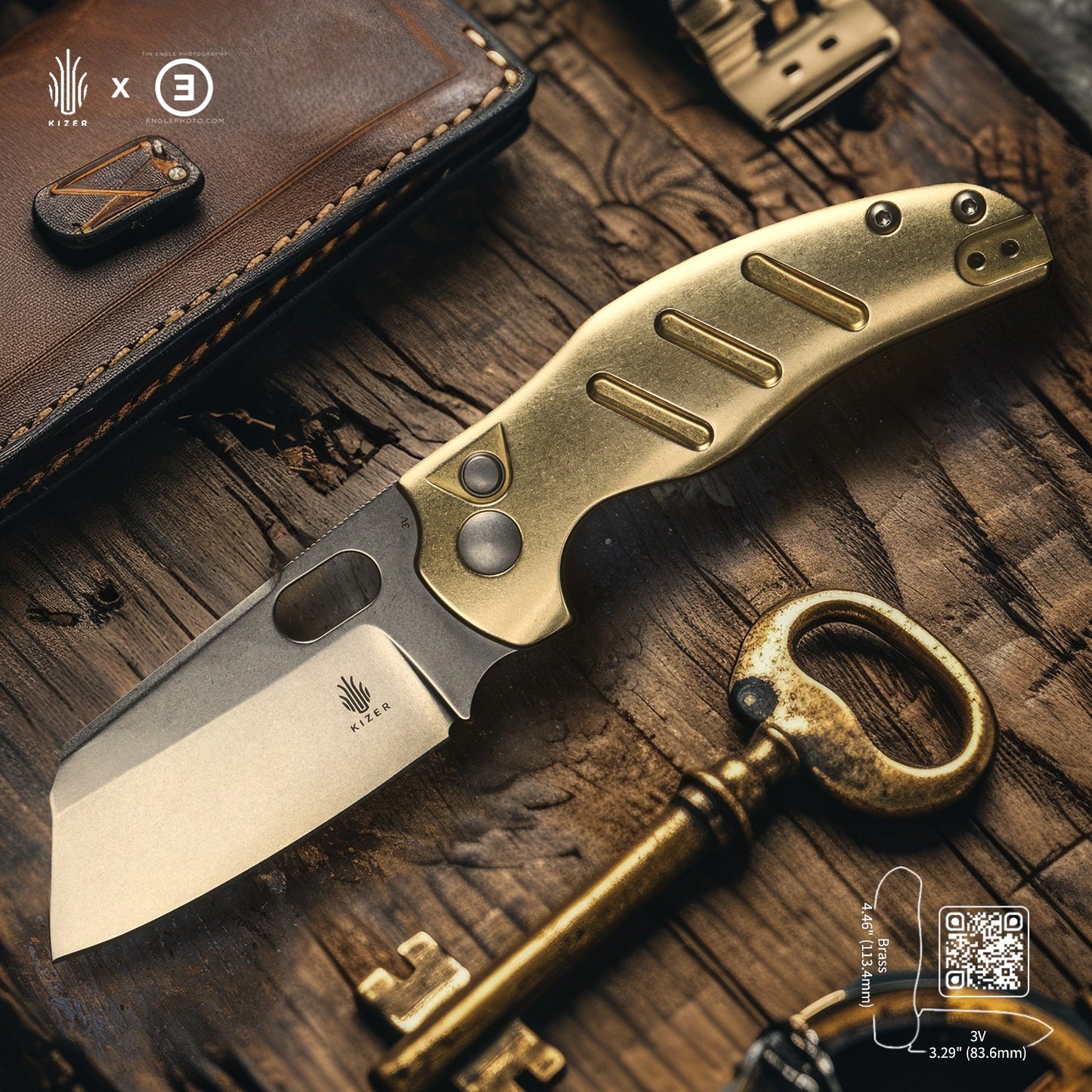 Kizer Sheepdog C01C 3.29" 3V Button-Lock Brass Folding Knife V4488BC2