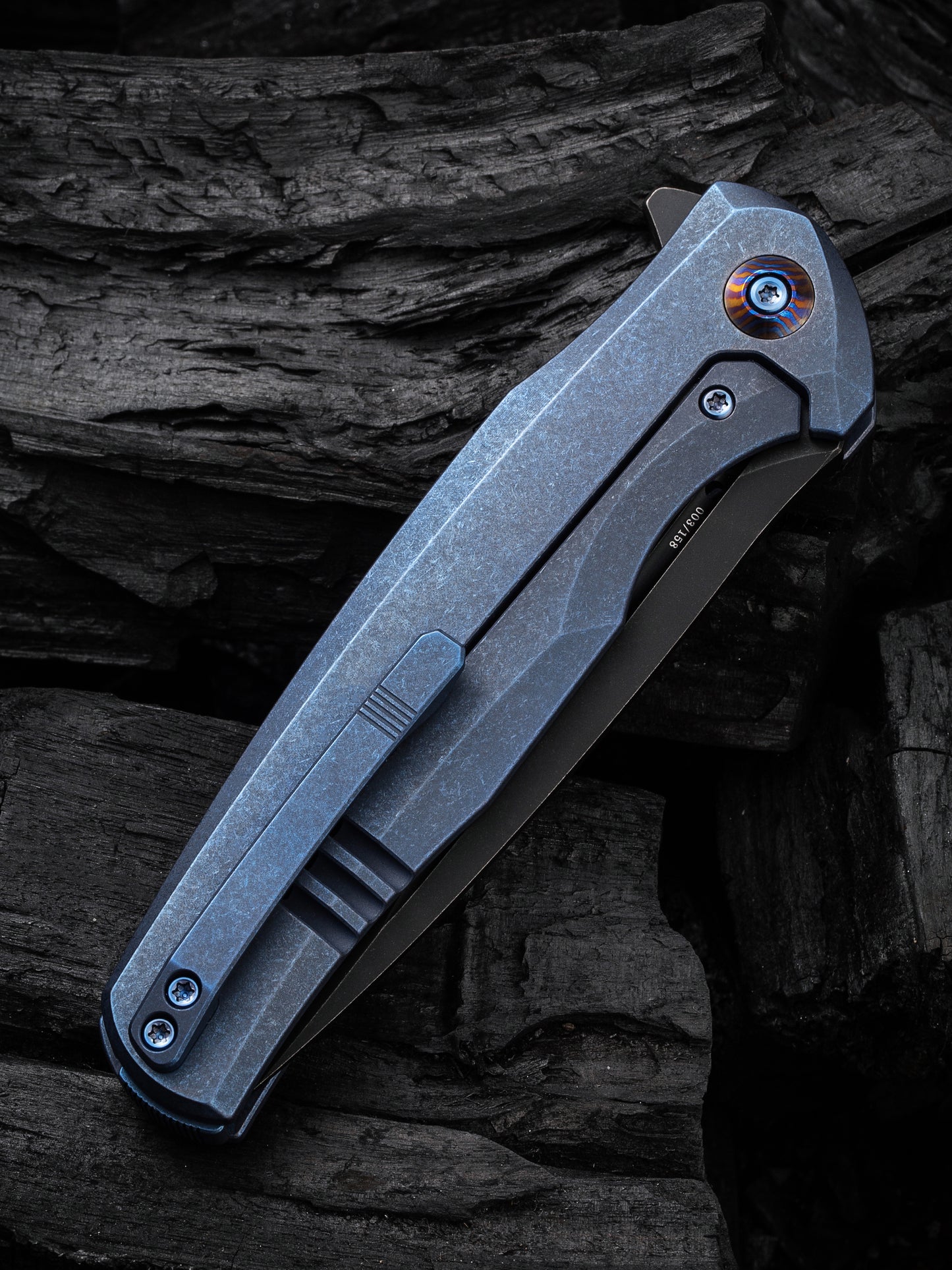 WE 601X Limited Edition 3.82" CPM 20CV Black/Blue Titanium Golden Groove Folding Knife WE01J-3