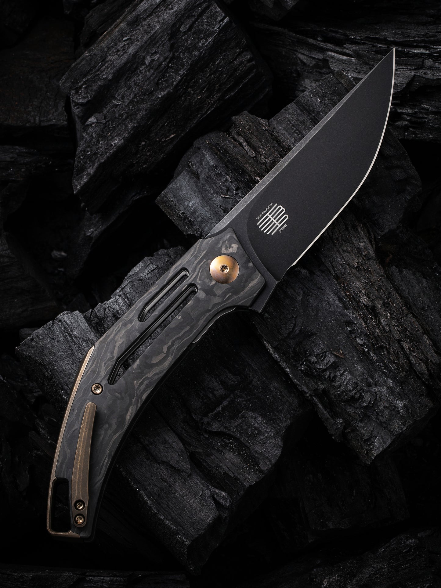 WE Speedliner 3.39" CPM 20CV Black Stonewashed Shredded Carbon Fiber Folding Knife by Tashi Bharucha WE22045B-2