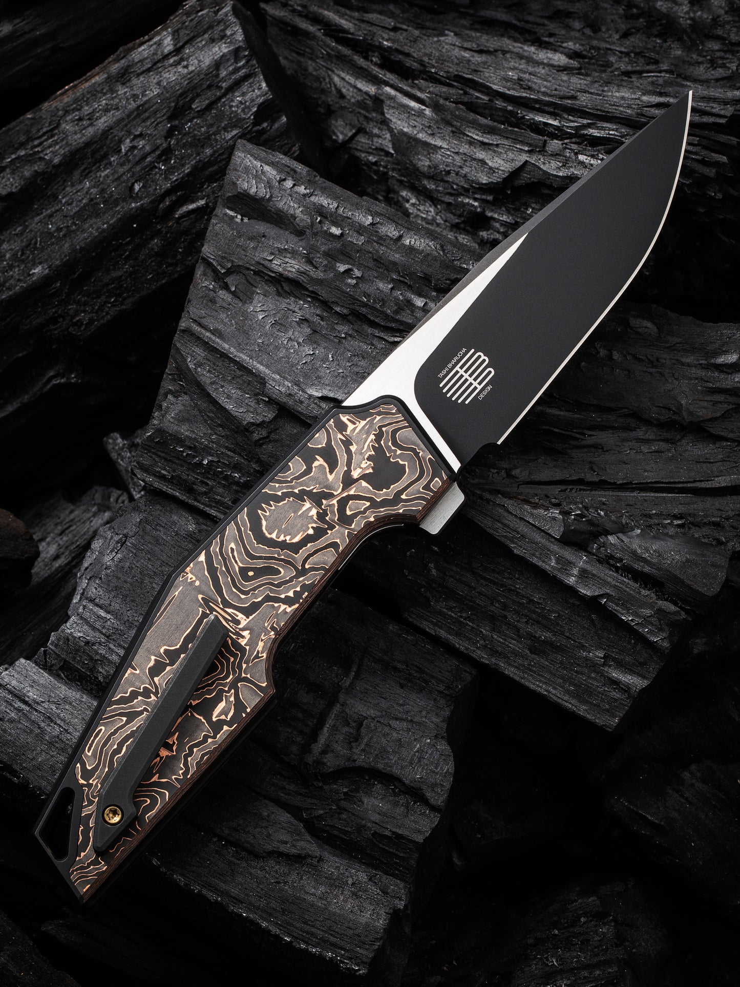 WE OAO 3.4" CPM 20CV Black Copper Foil Carbon Fiber Titanium Folding Knife by Tashi Bharucha WE23001-2