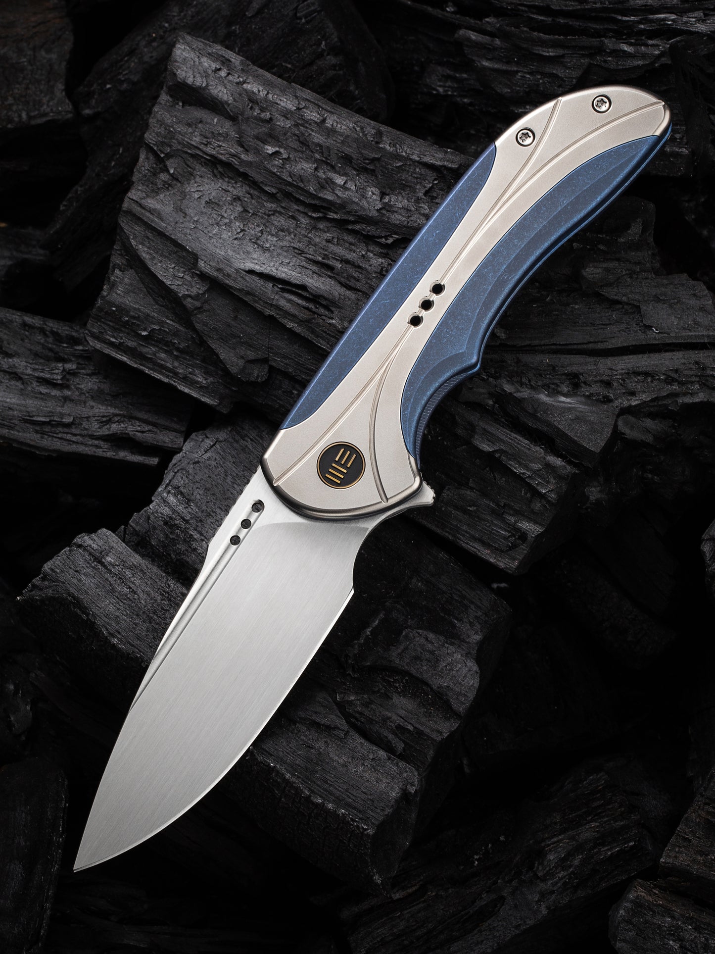 WE Equivik 3.48" CPM 20CV Polished Bead Blasted Blue Titanium Folding Knife WE23020-3
