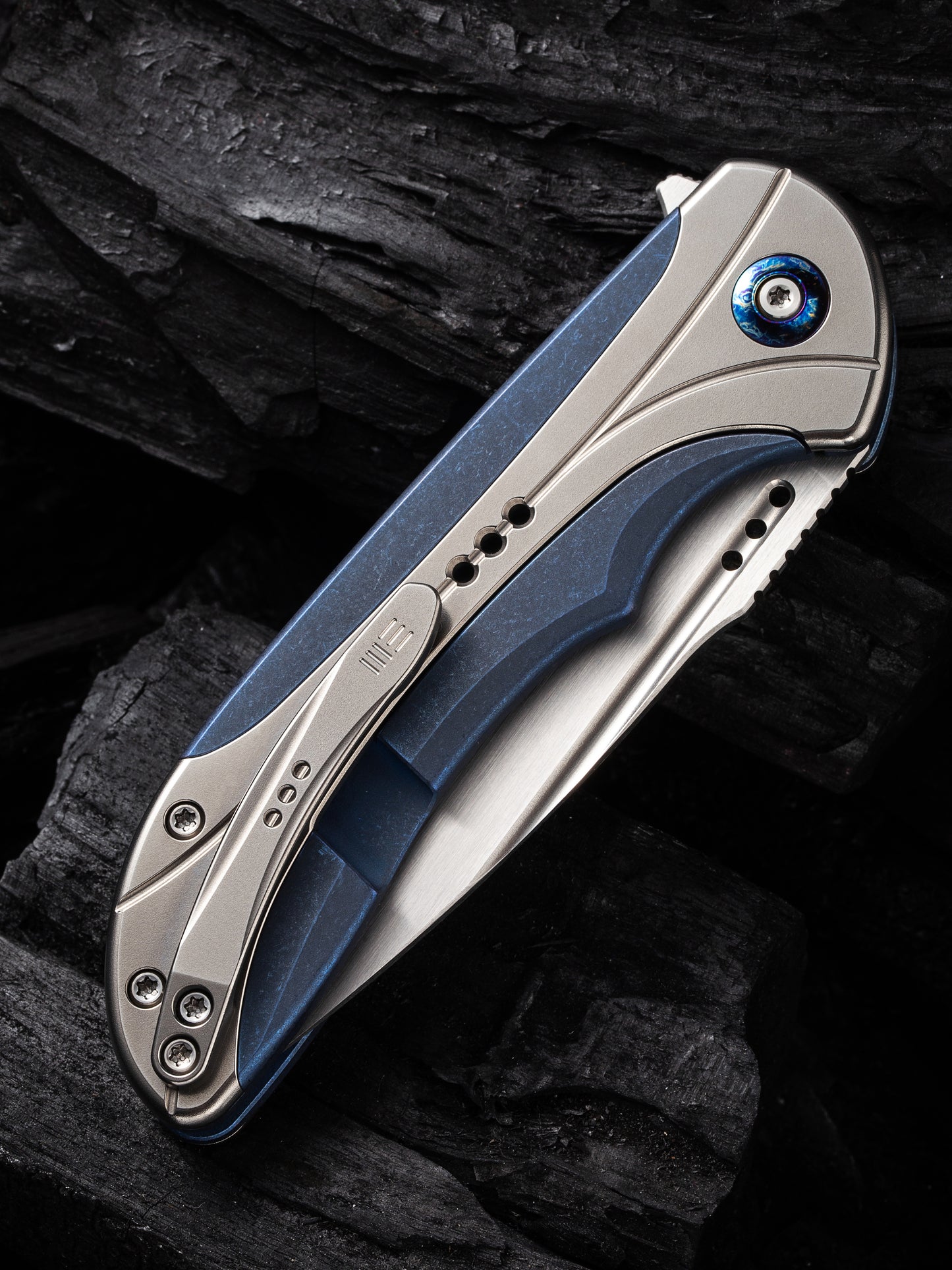 WE Equivik 3.48" CPM 20CV Polished Bead Blasted Blue Titanium Folding Knife WE23020-3