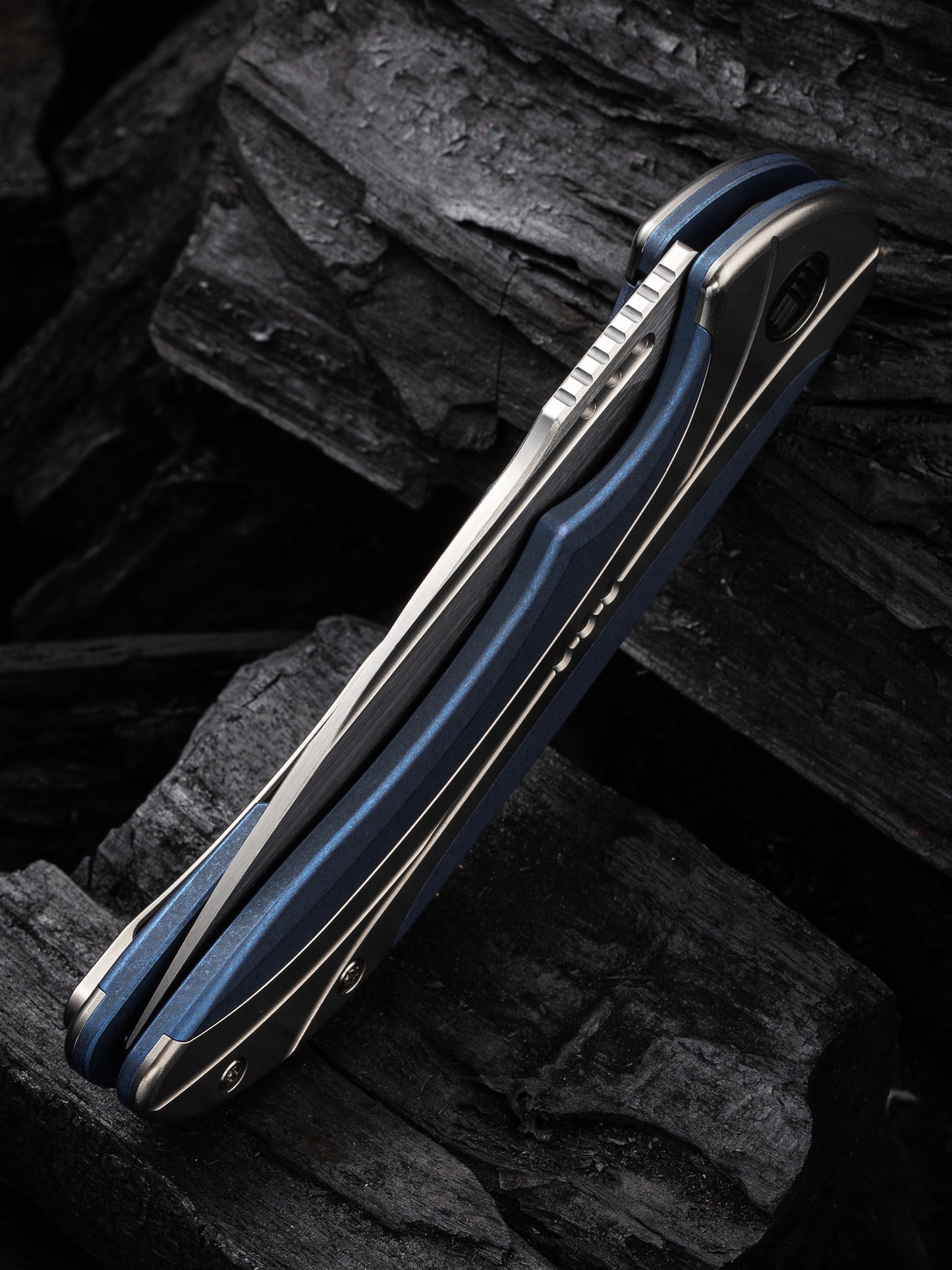 WE Equivik 3.48" CPM 20CV Polished Bead Blasted Blue Titanium Folding Knife WE23020-3