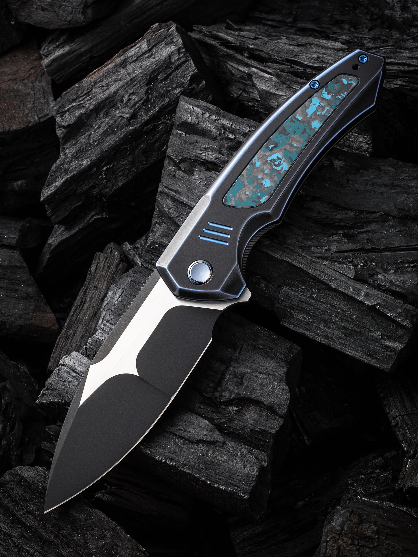 WE Hyperactive 3.8" Vanax Blue/Black Arctic Storm Fat Carbon Fiber Titanium Folding Knife WE23030-3