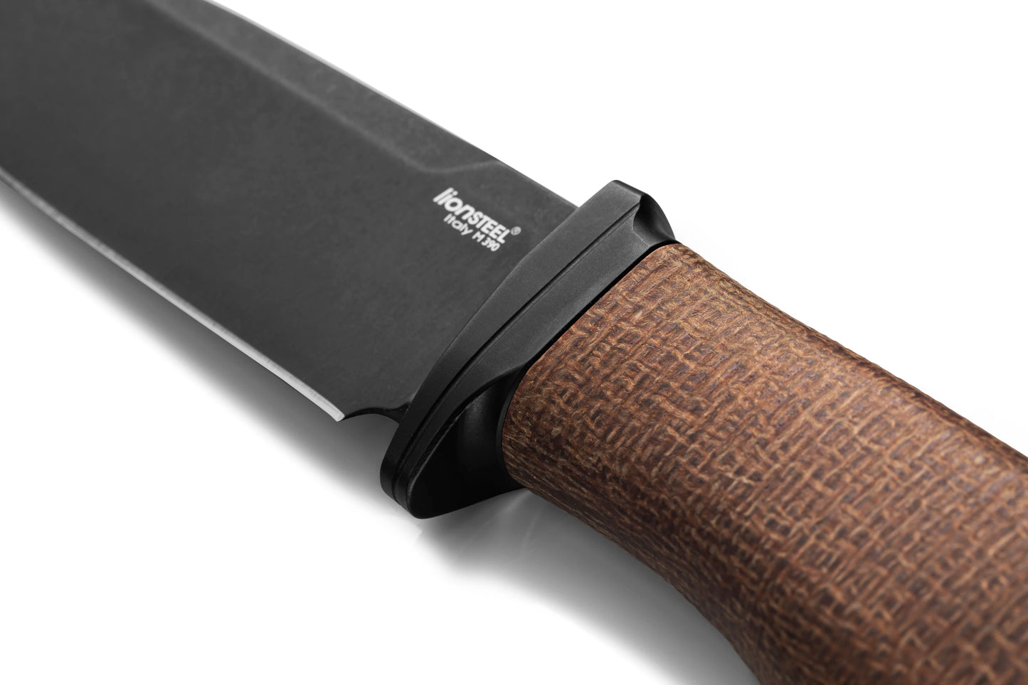 LionSteel Acha 4.21" M390 Black PVD Stonewashed Natural Burlap Micarta Fixed Blade Knife AH B BLN