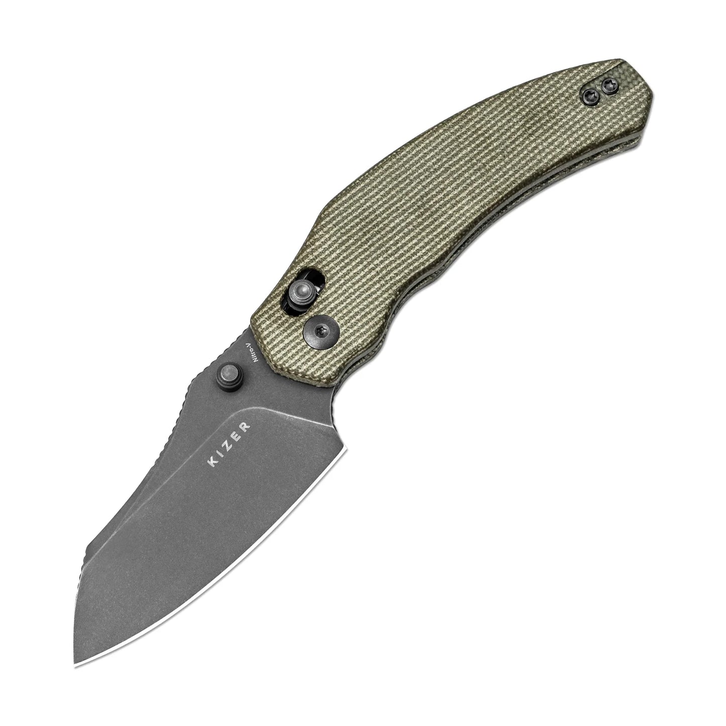 Kizer Bulldog Clutch-Lock 3" Nitro-V Gray Stonewashed Green Canvas Micarta Folding Knife V3672A3