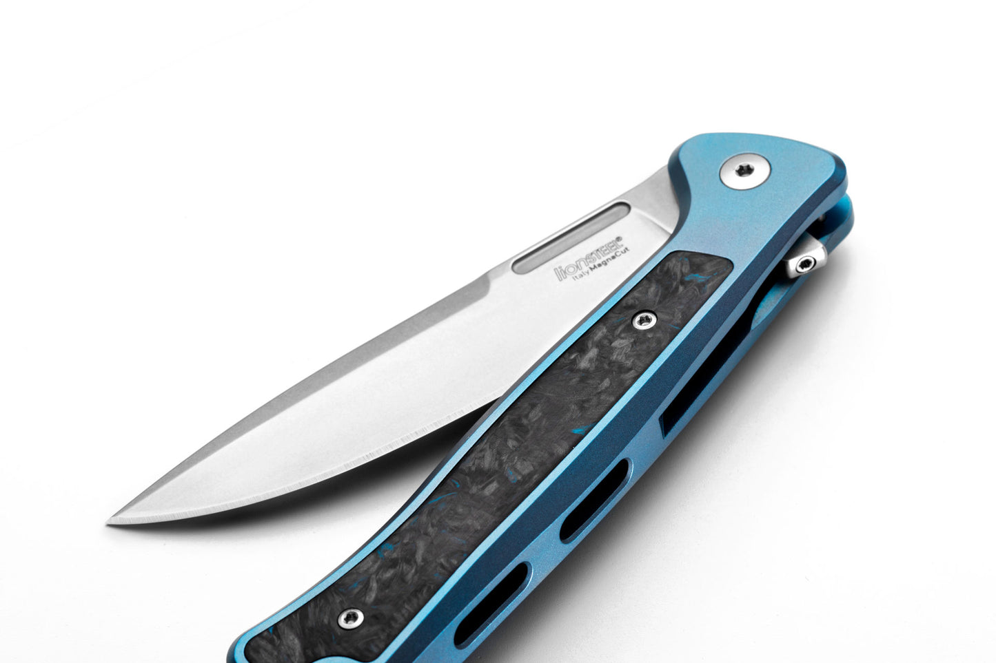 LionSteel Skinny 3.31" Magnacut Blue Titanium Carbon Fiber Folding Knife SK01 BL