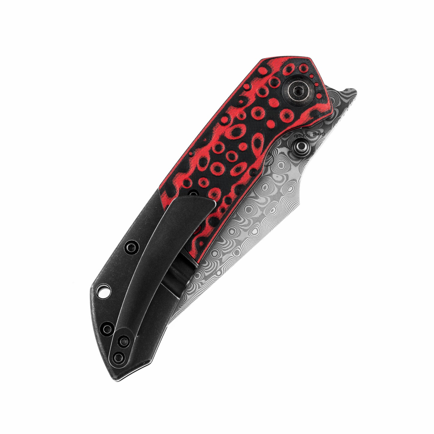 Kansept Fenrir 3.5" Damascus Black/Red G10 Titanium Folding Knife by Greg Schob K1034A2